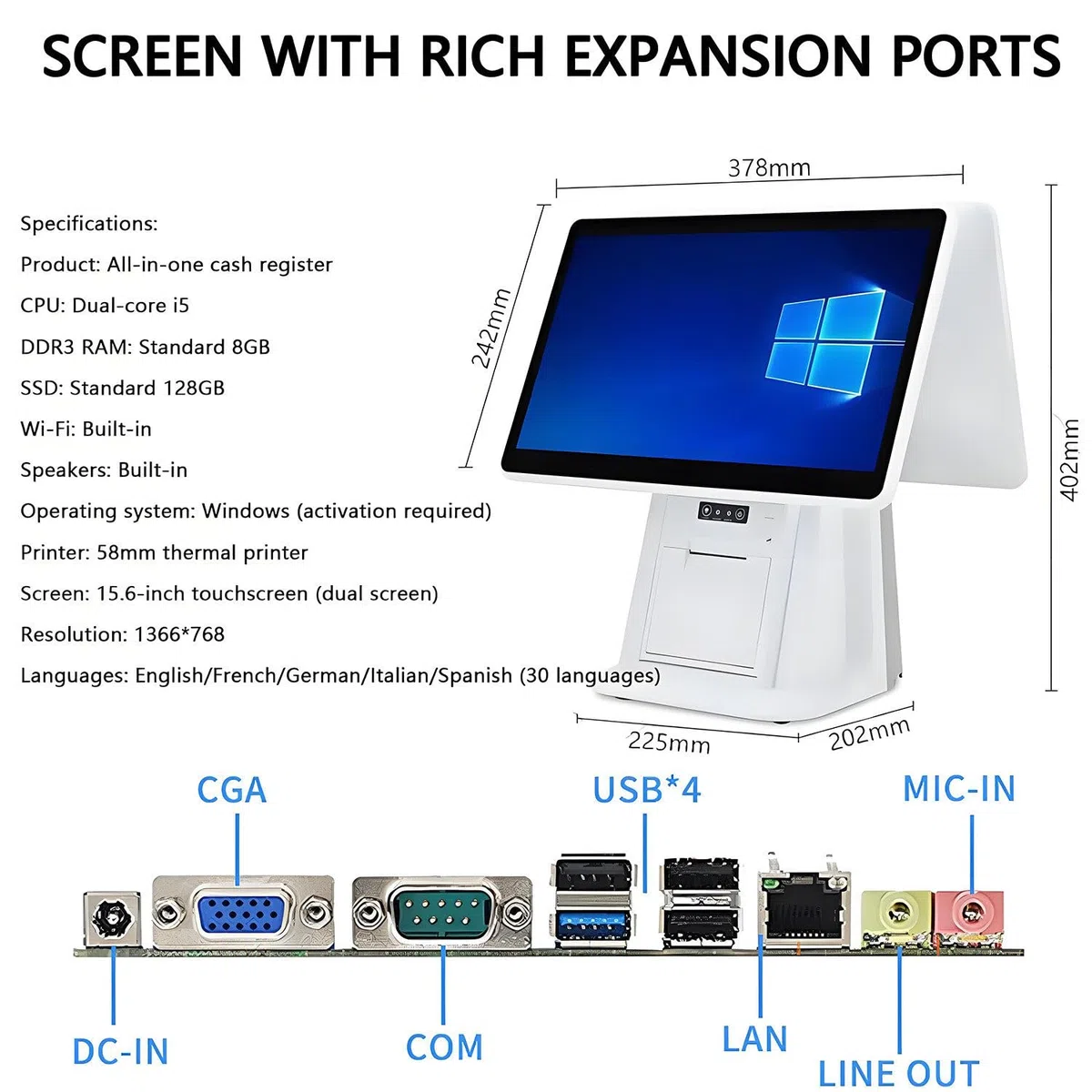 Sistemas TPV para restaurantes con Doble Pantalla táctil de 15,6 Pulgadas: Caja registradora Todo en uno para pequeños Negocios, 8 GB de RAM, 128 GB de SSD, Terminal de Pago para Tiendas