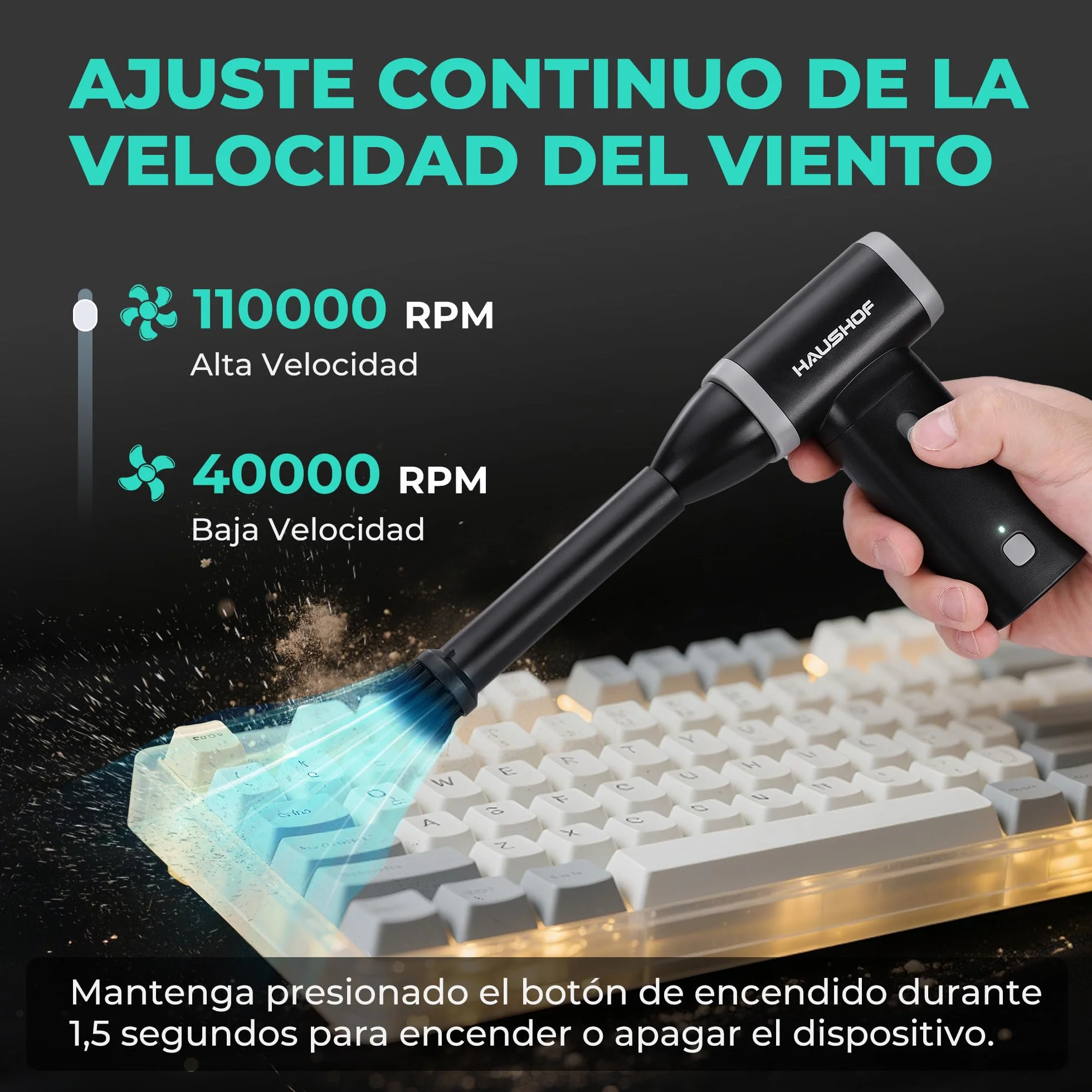 HAUSHOF Air Duster Eléctrico 110000 RPM, USB-C Recargable y con Control de Velocidad Ajustable, Ligero y Portátil para Limpieza de PC, Teclado, Sofá, Coche y Exteriores