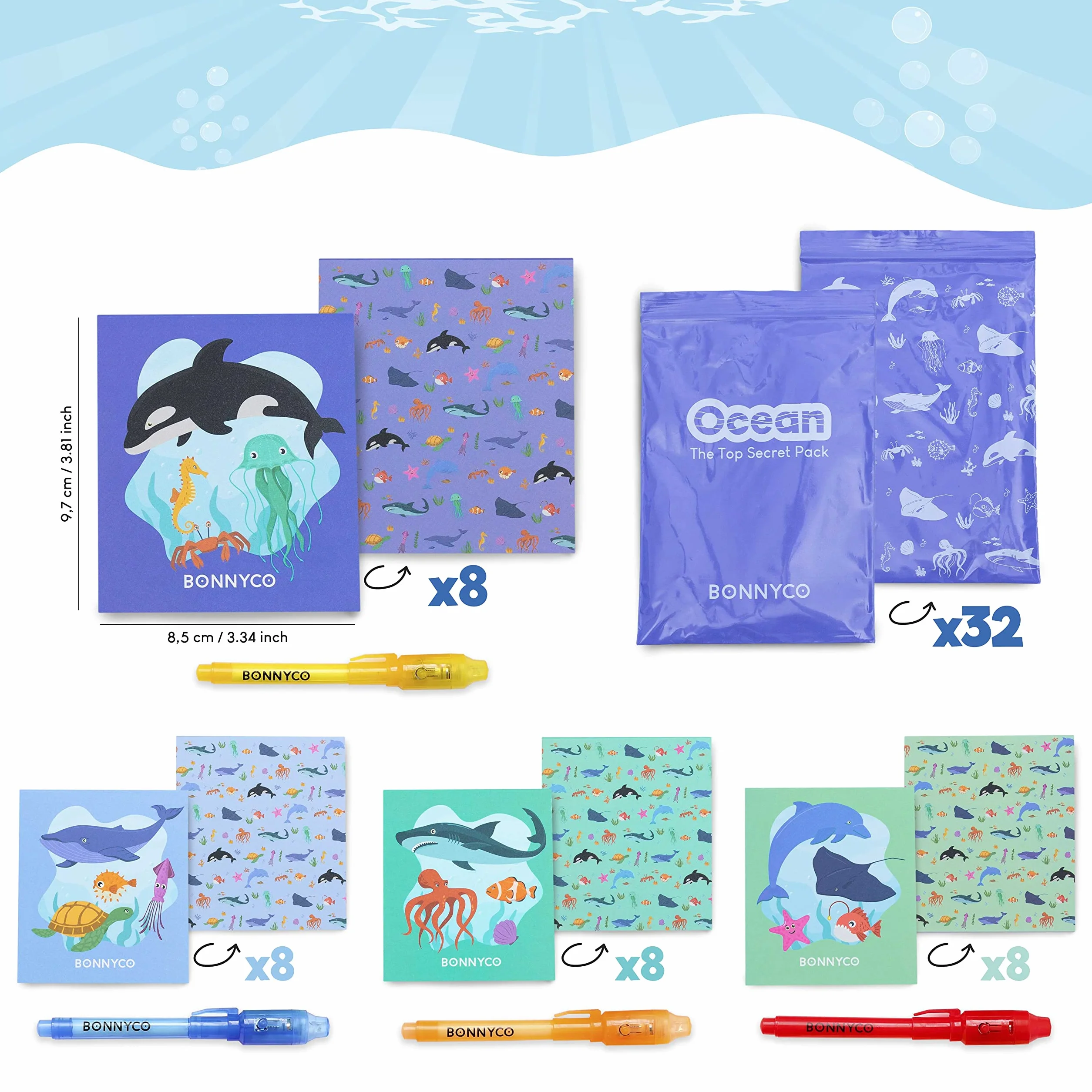 BONNYCO Boligrafo Tinta Invisible y Libreta de Animales Oceano, Pack de 32 Regalos Cumpleaños Niños Colegio. Detalles Cumpleaños Niños, Relleno Piñata. Regalos Alumnos Primaria Fiesta Infantil