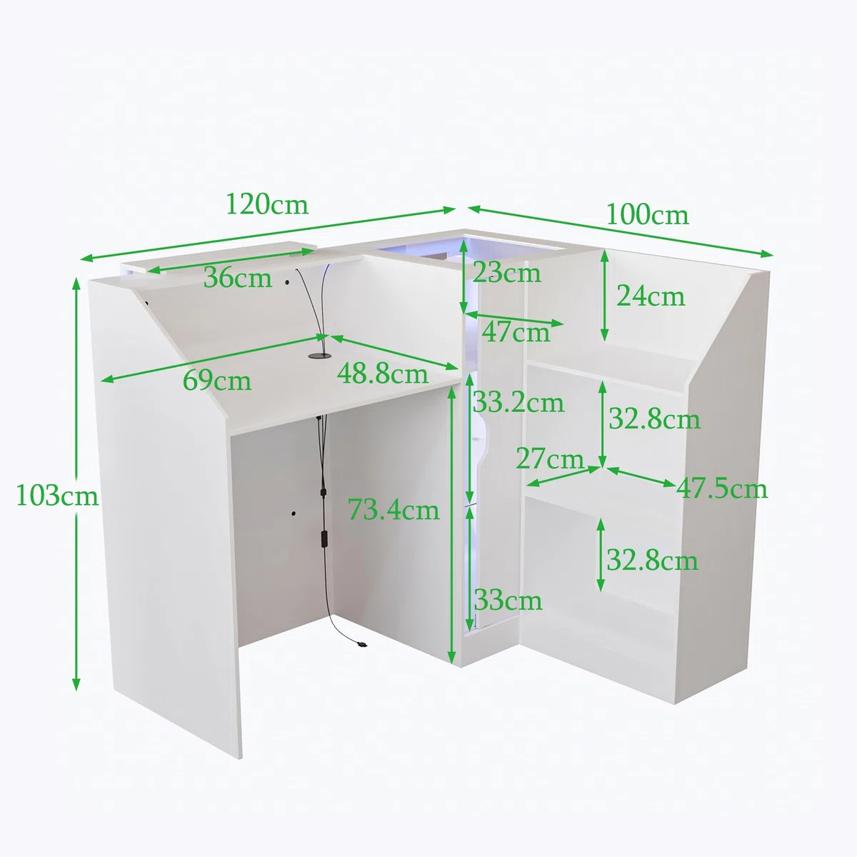 Caldion Moderno mostrador de recepción con iluminación LED con cajón de tatuaje, mostrador de recepción de cristal templado, mesa de recepción en forma de L, color blanco, 120 x 100 x 103 cm