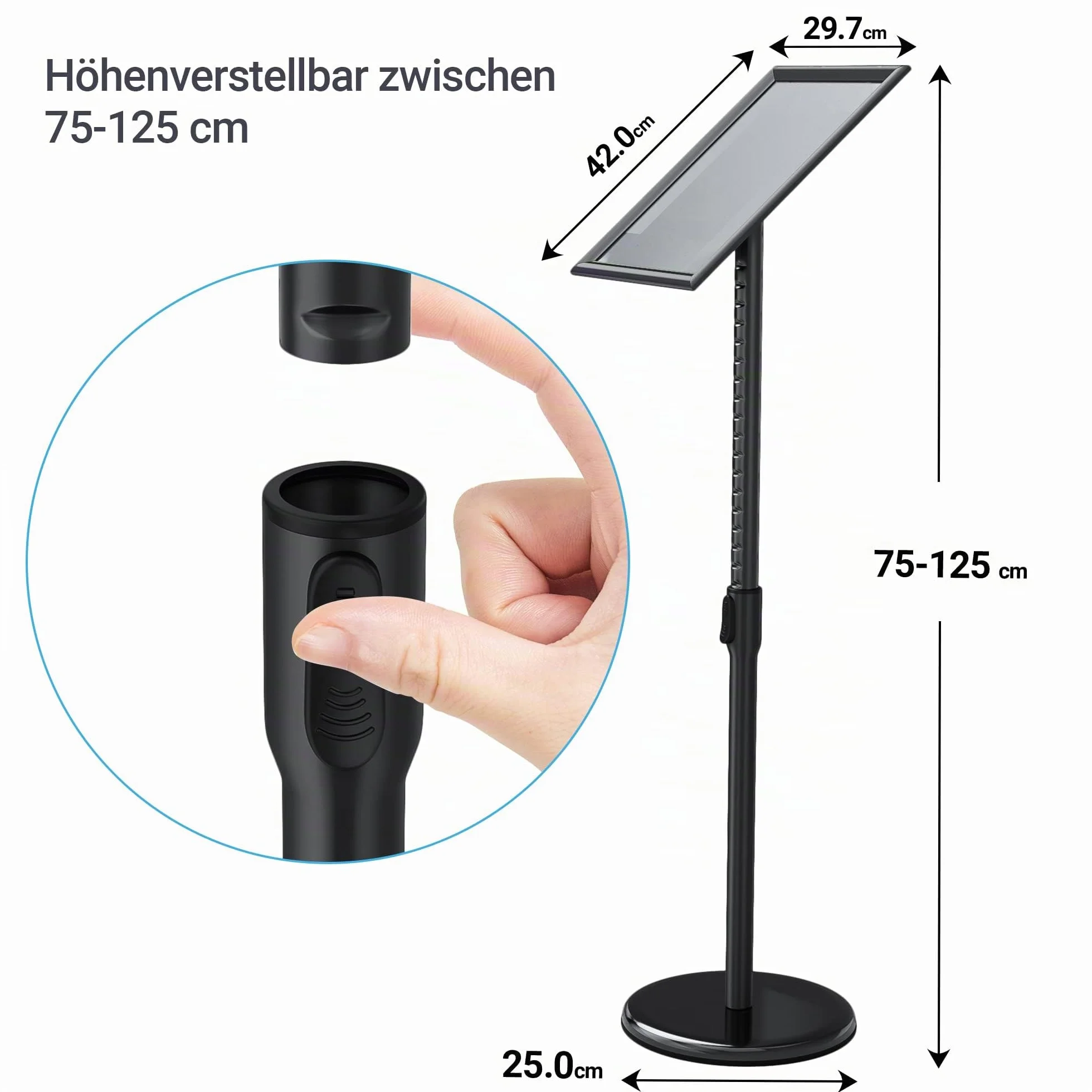 Soporte para información DIN A3, 420 x 297 mm, altura ajustable, acero inoxidable, soporte para clientes, soporte para anuncios (negro, A3)