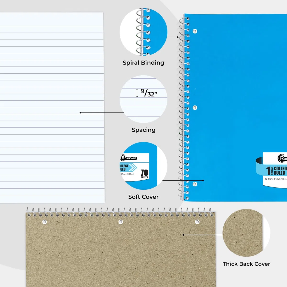 Rosmonde Cuaderno en espiral, paquete de 6, 1 materia, rayado universitario, 70 hojas, 8 x 10-1/2 pulgadas, 3 agujeros perforados, cuaderno en espiral a granel con rayas universitarias para la