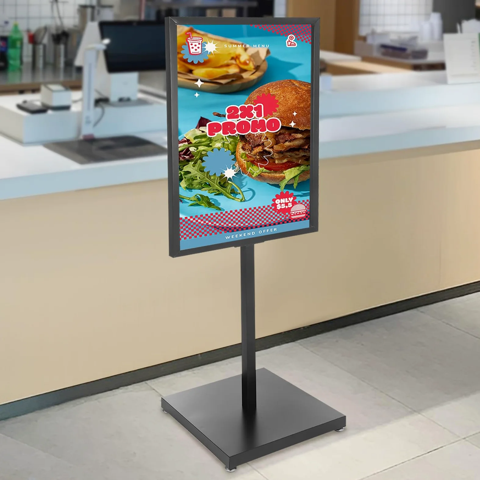 Soporte para carteles de 65 x 90 cm, soporte ajustable con base estable de hierro fundido, soporte de suelo para carteles, publicidad, ventas, señales de tráfico, soporte de exhibición