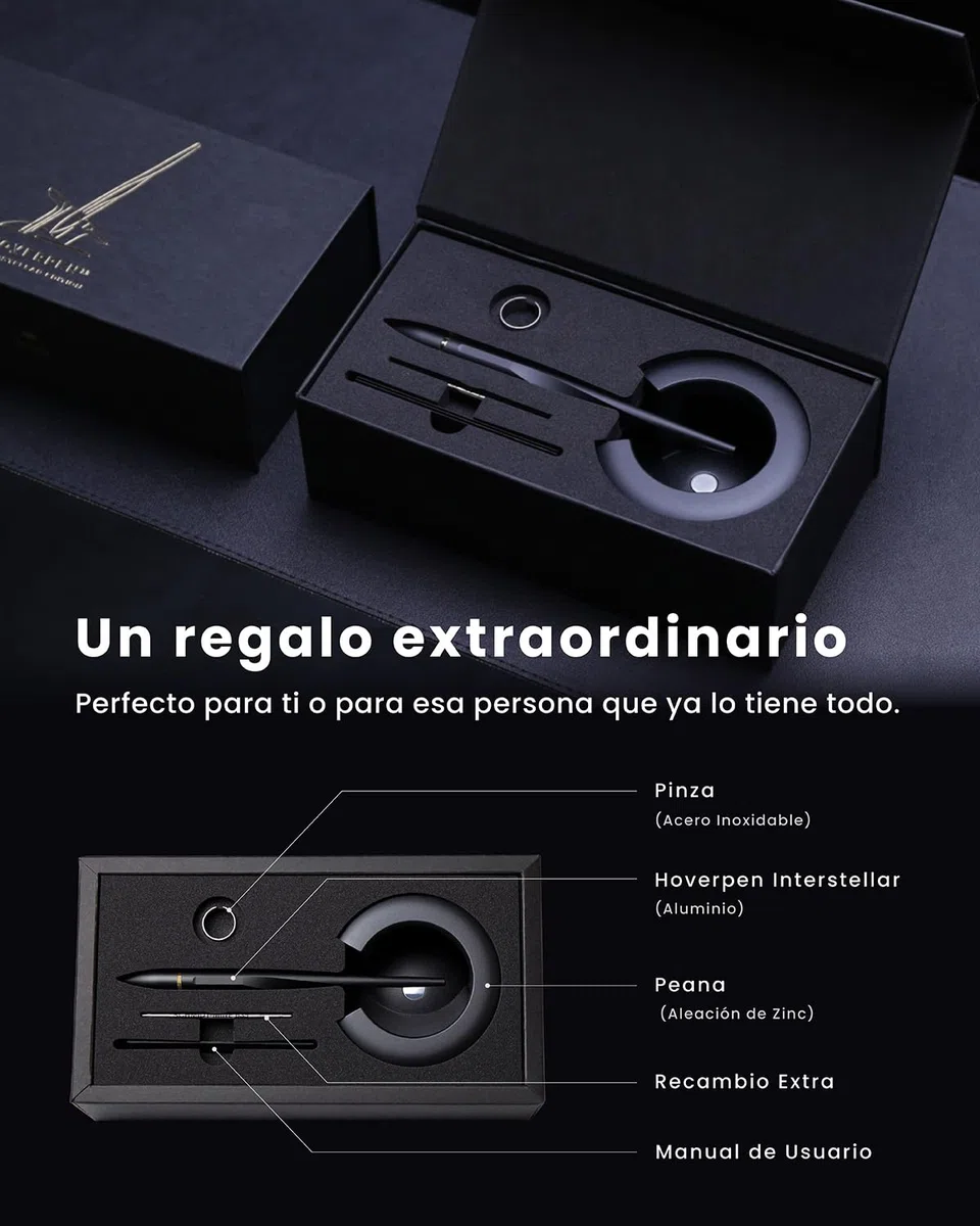 novium Hoverpen Interstellar Edition - Bolígrafo de lujo futurista hecho con aleaciones aeroespaciales, estética única, bolígrafo ejecutivo giratorio gratis, regalos para hombres y mujeres (negro