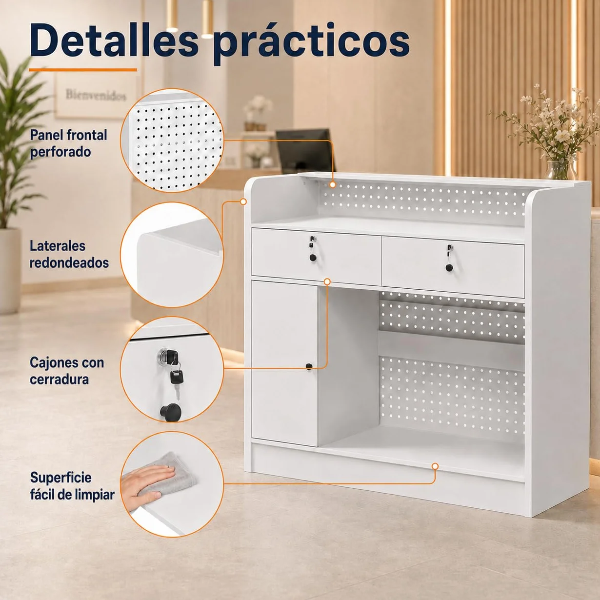 Mostrador de Recepción Blanco 120cm con Panel Perforado, Caja Registradora, 3 Estantes Ajustables, 2 Cajones con Llave, Puerta y Almacenaje, 120×110×50cm
