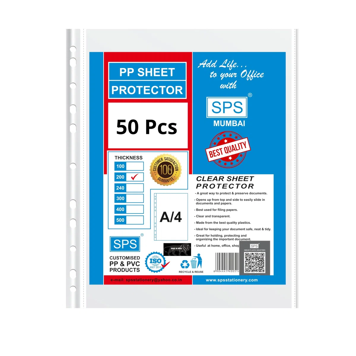 SPS 50 protectores de hojas de tamaño A4 de 200 micras, fundas transparentes para documentos, certificados transparentes de hojas de hojas, carpeta impermeable de 11 agujeros perforados (A4, 200