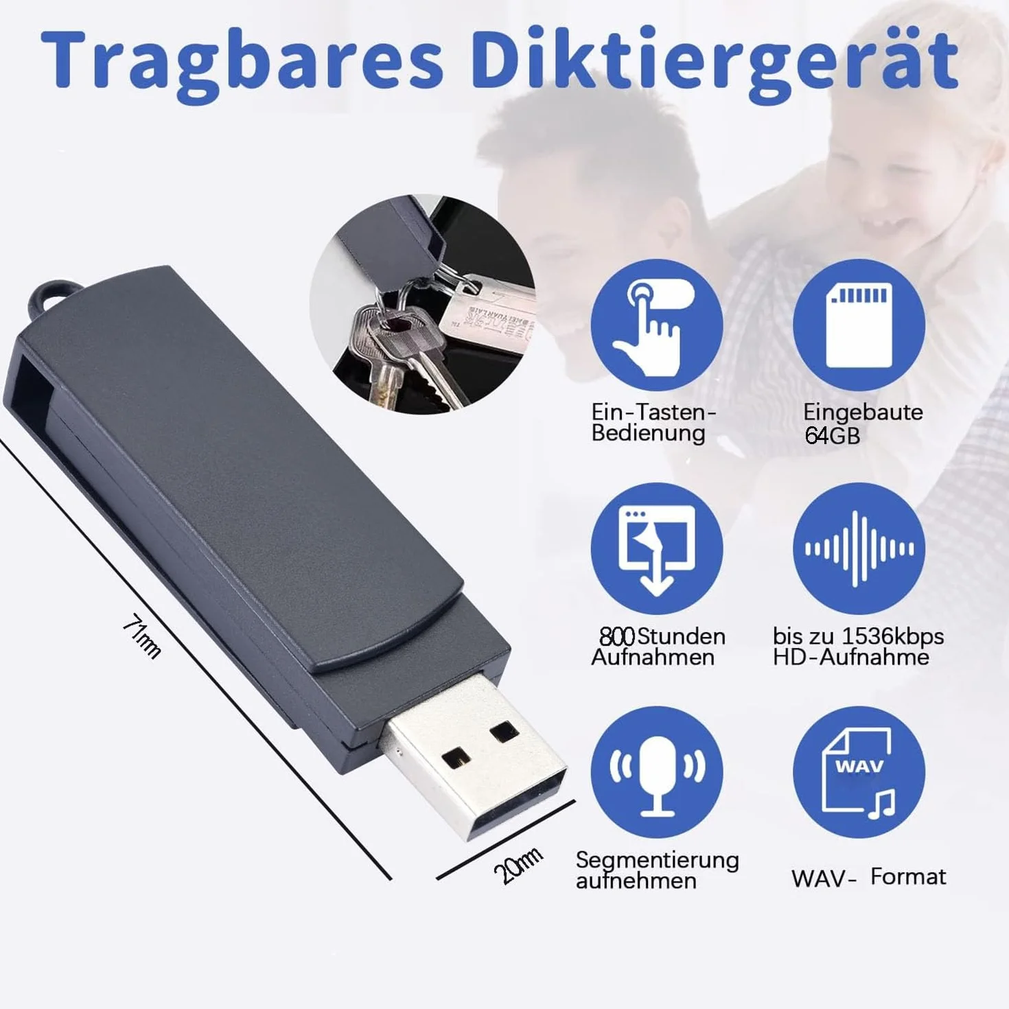 Grabadora de Voz Digital USB 64GB, Grabador de Audio Portátil Recargable para Reuniones
