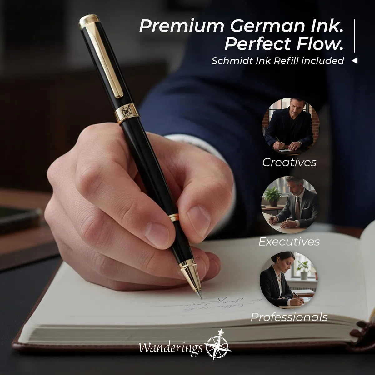 WANDERINGS Bolígrafo Rollerball Premium con Tinta Alemana – Escritura Sobresaliente, 24K Chapado en Oro – Negro Piano – Incluye un Recambio Schmidt en un Estuche de Presentación para Regalo