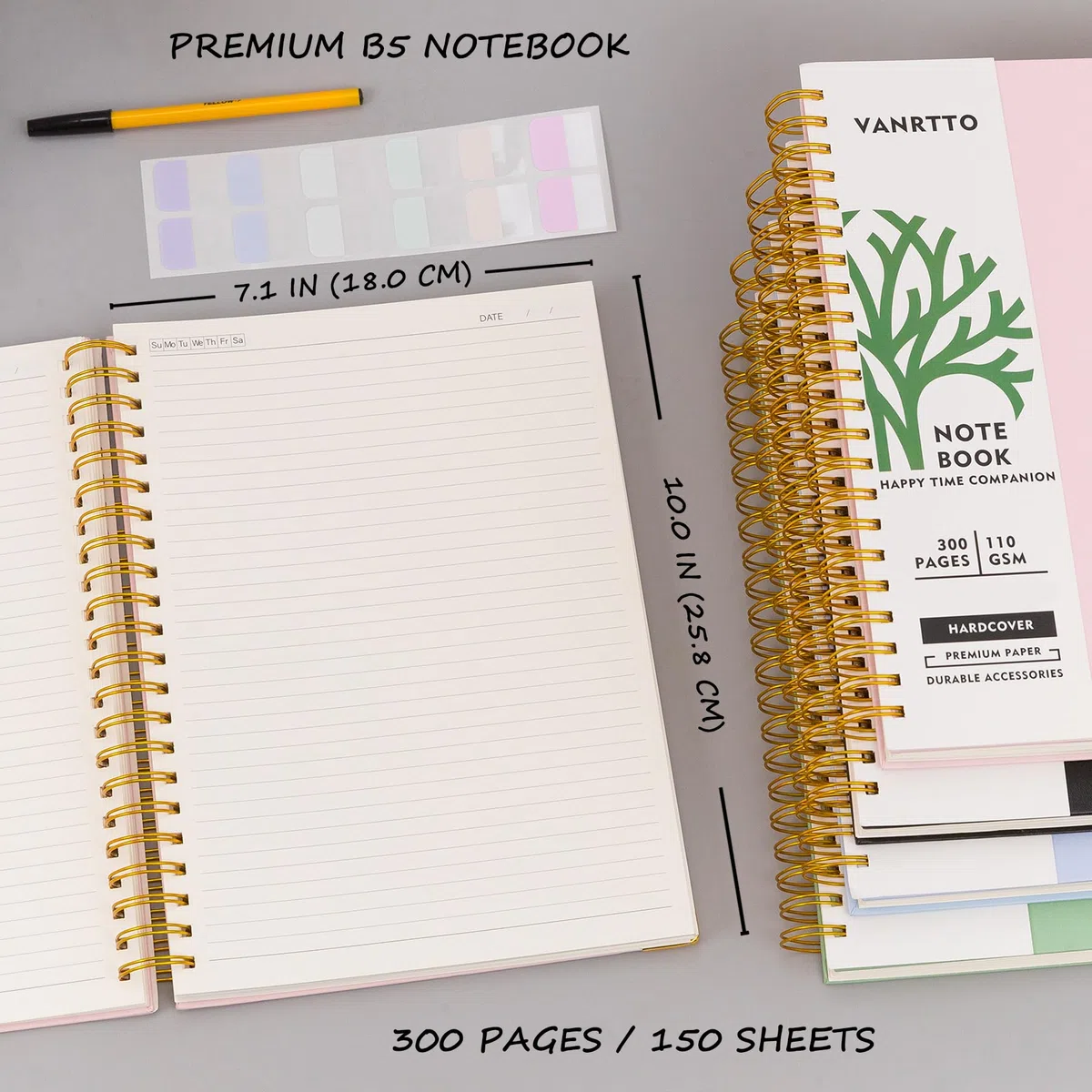Cuaderno de espiral de tapa dura, cuadernos B5 con rayas universitarias, cuadernos de papel grueso de 110 g/m² para trabajo, escuela y viajes, diarios de 300 páginas para escribir, diario grande para