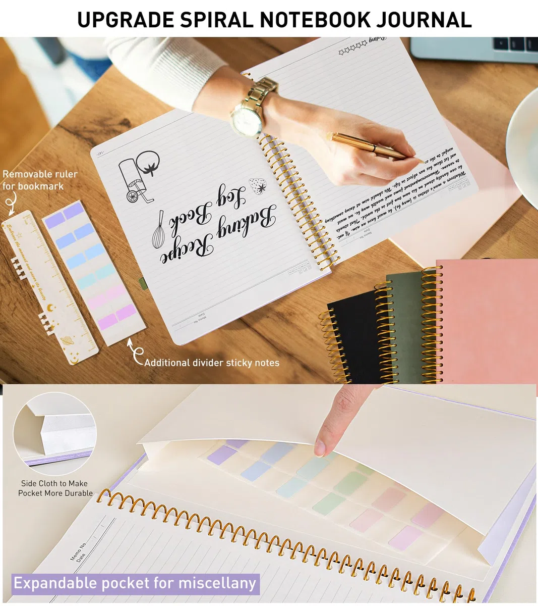 Cuaderno en espiral A4 de 8.5 x 11 pulgadas, 256 páginas numeradas de tapa dura, diarios de cuero para mujeres y hombres, cuadernos grandes rayados universitarios, papel grueso de 100 g/m², diario