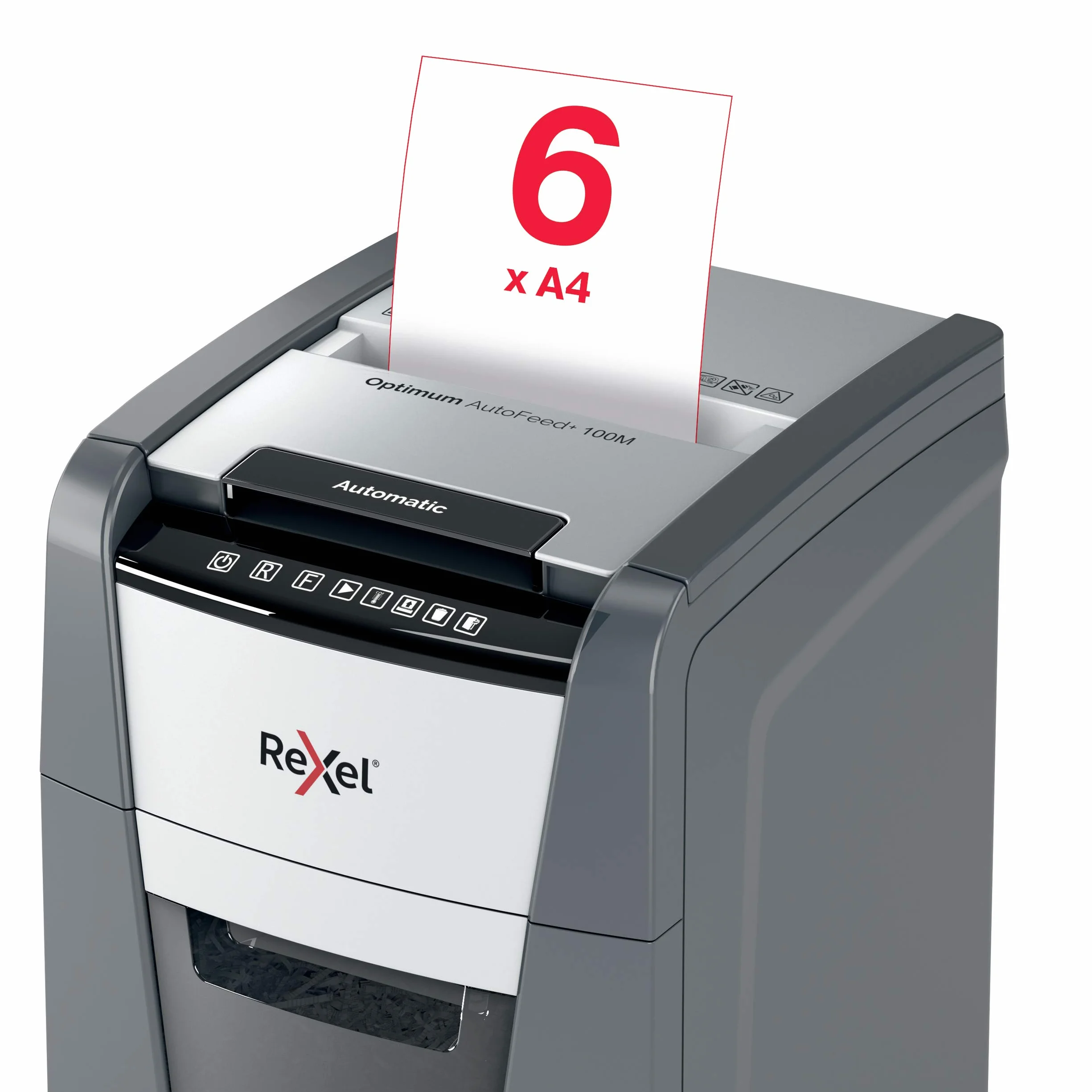 Rexel 2020100MEU - Destructora de Papel Automática Optimum AutoFeed 100M, Microcorte P-5 (2x15 mm), 100 Hojas A4, Papelera Extraíble 34L, Destruye Grapas y Clips, Oficina