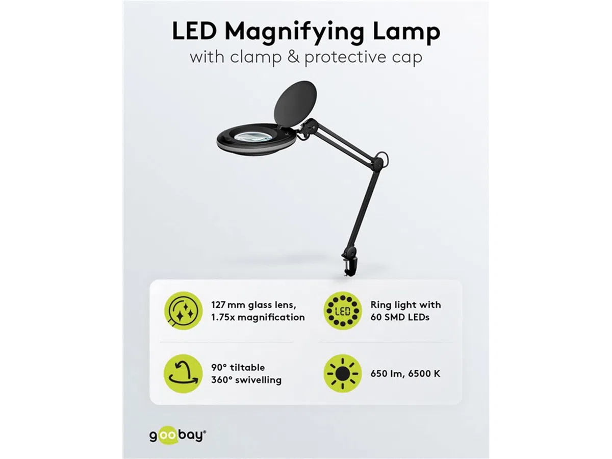 goobay 64989 Lámpara aumento LED 8W 650lm/ pinza/lente cristal 127mm 1,75 aumentos/lupa trabajo cosmética, soldadura, manualidades, leer/brazo doble articulación/lámpara sobremesa