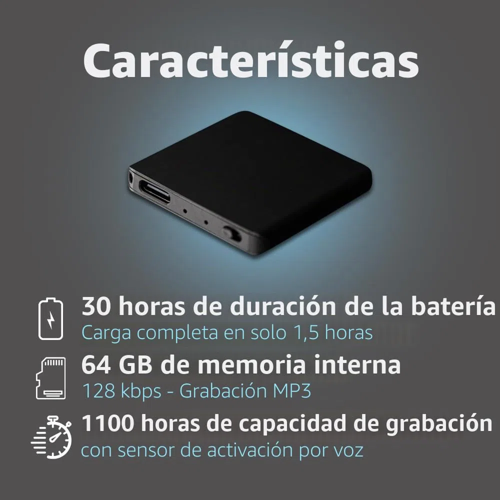 Atto Digital TileREC - Mini grabadora - 145 horas - Solo 5 mm - Dictáfono activación de voz - Batería de 24 horas - Grabadora de voz MP3 - TileREC