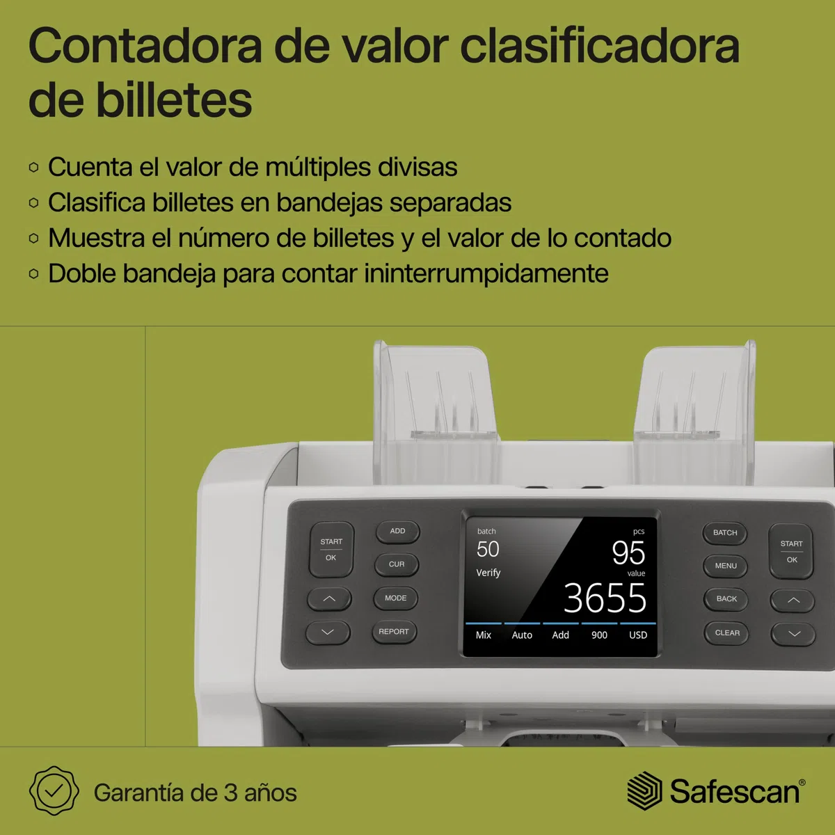 Safescan 2985-SX Contadora de billetes cuenta el valor y clasifica billetes mezclados - Contadora detectora de billetes falsos en 7 puntos - Máquina para contar billetes con opciones de clasificación
