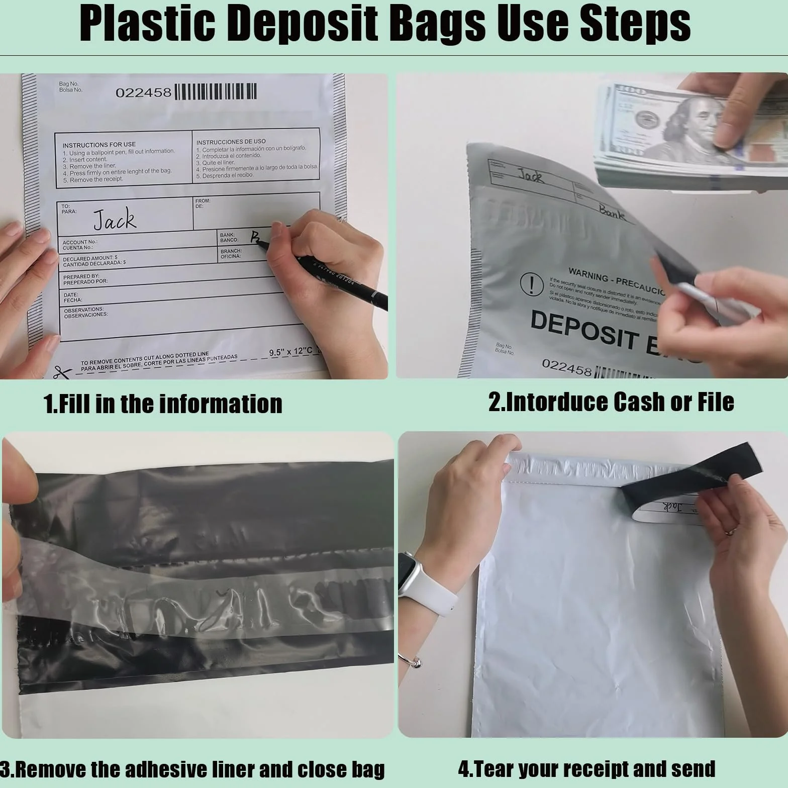Paquete de 100 bolsas de plástico transparentes de 9 x 12 pulgadas, bolsas de depósito bancario de seguridad, bolsas de caja registradora, bolsa de dinero para dinero en efectivo, bolsillo bancario,
