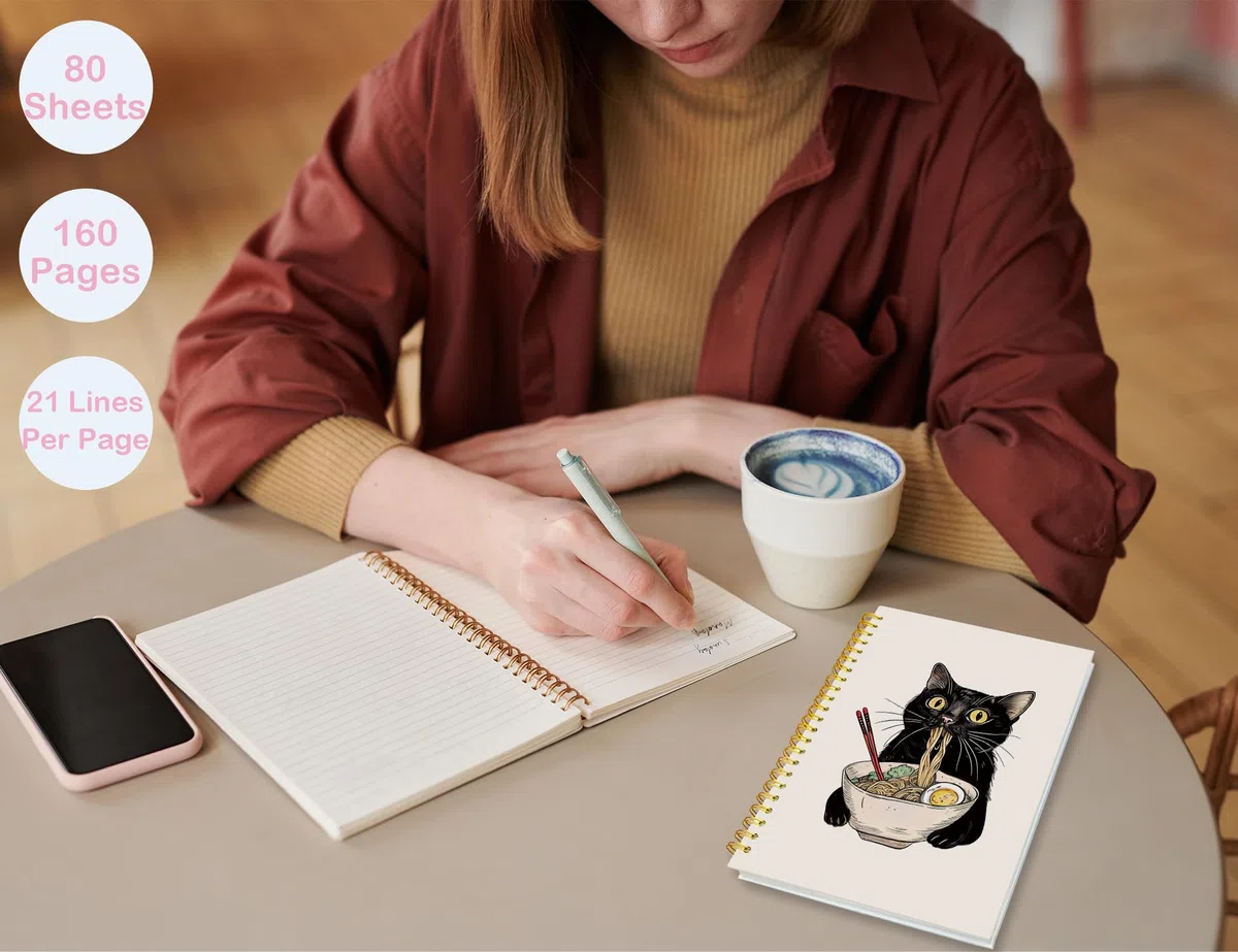 ICEWHITEY Cuaderno de gato negro, regalos de gato negro, divertido diario de gato negro come fideos, regalos para amantes de los gatos, regalos de mamá y gato, suministros de oficina para gatos