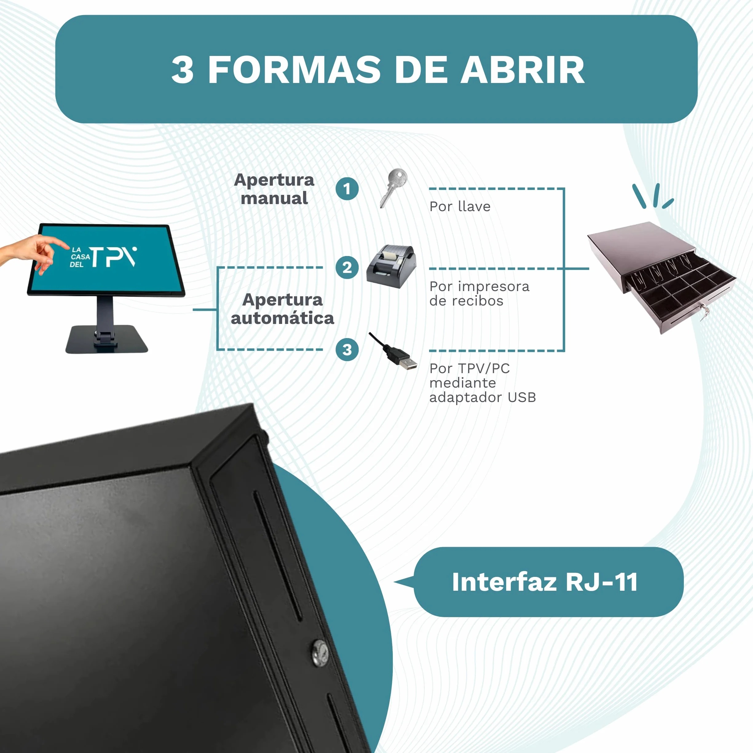 Cajón Portamonedas Caja Registradora Metálico 41x42x11cm Negro Apertura Automática RJ11 Manual con Llaves 4 Compartimentos Billetes 8 Monedas