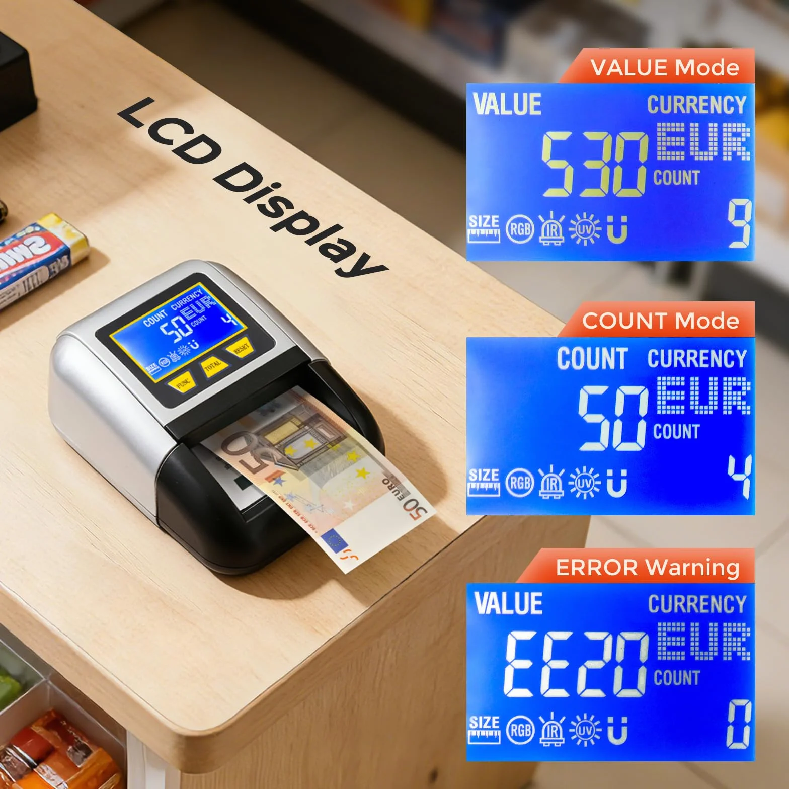 Bonvoisin Detector de Billetes Falsos, Comprobador Billete UV/IR/MG, Portátil Detector con Función Valor Total, Batería Recargable, 4 Orientaciones, Compatible EUR/USD/GBP Etc., Pantalla LCD (A)