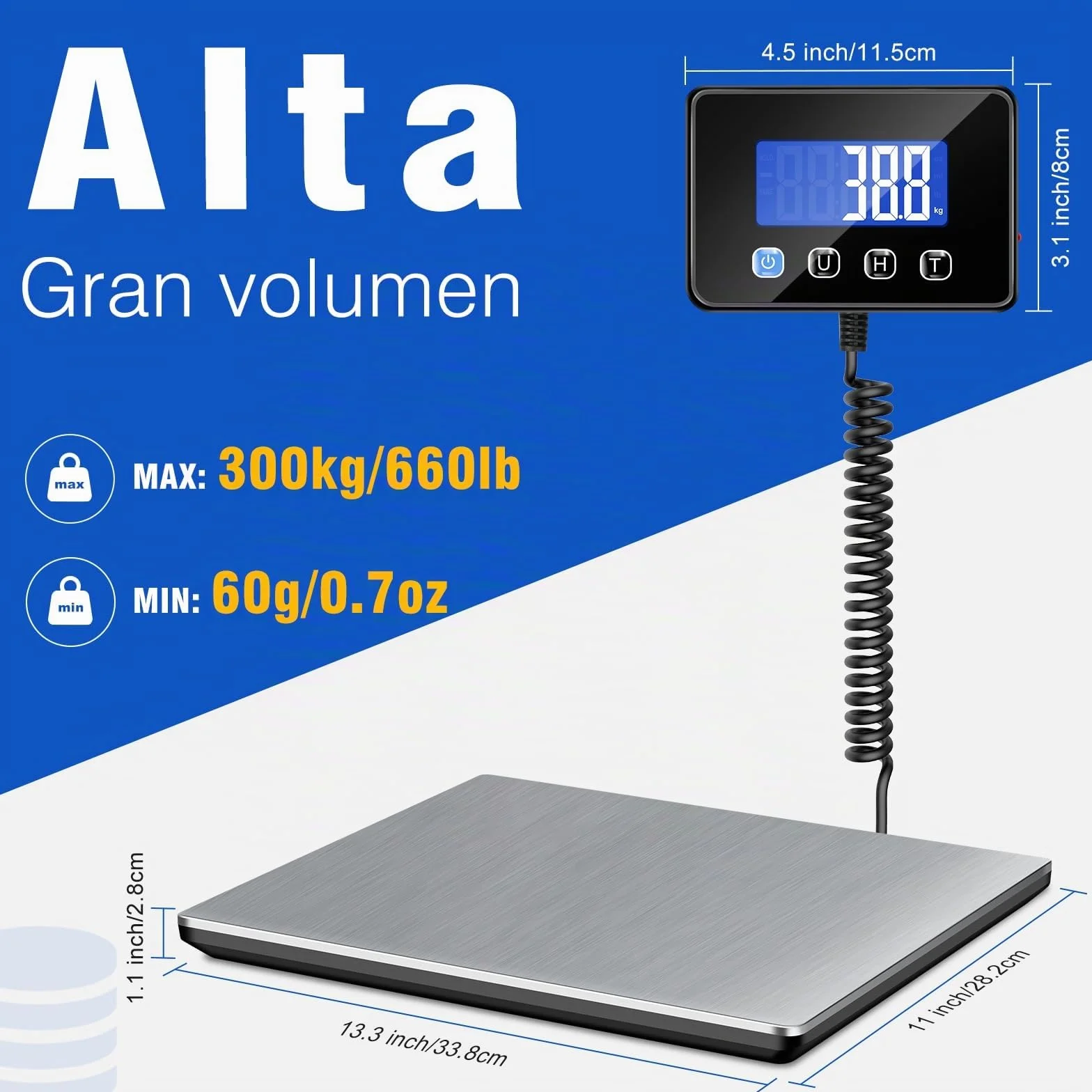 Báscula Digital 300kg Alta Precisión 20g, Báscula Industrial y Comercial con Pantalla LCD, Función Tara y Hold, Alimentación USB Recargable y Pilas, para Envíos, Paquetería y Uso Doméstico