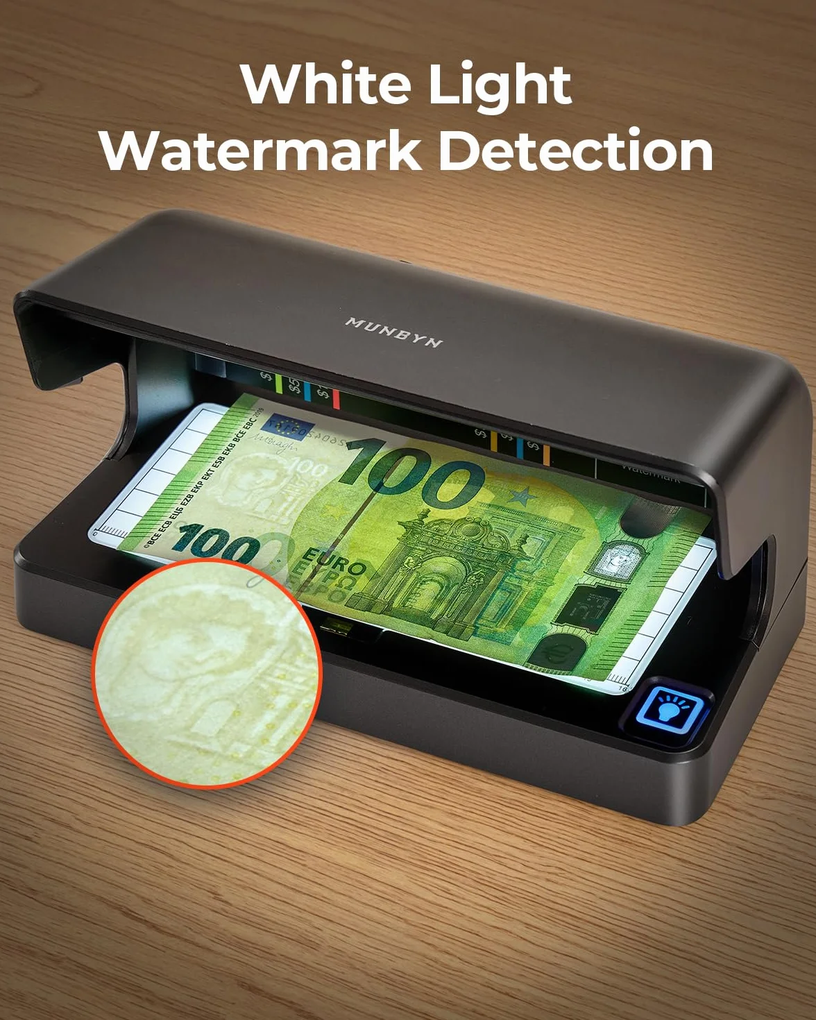 MUNBYN LED Detector de Billetes Falsos UV, Comprobador de Dinero Portátil Recargable con Luz UV y Blanca