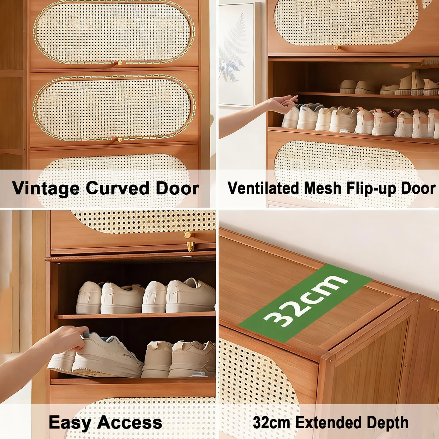 Zapatero Armario 7 Niveles Puertas Ratán 60×106cm Organizador Zapatos Rústico