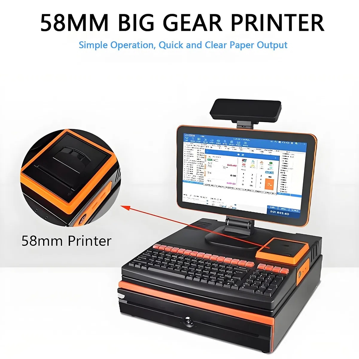Terminal de punto de venta electrónico con caja registradora, pantalla táctil LED de 15,6", teclado de 101 teclas, escáner portátil, impresora térmica de 58 mm y cajón de efectivo Blue-SingleScreen