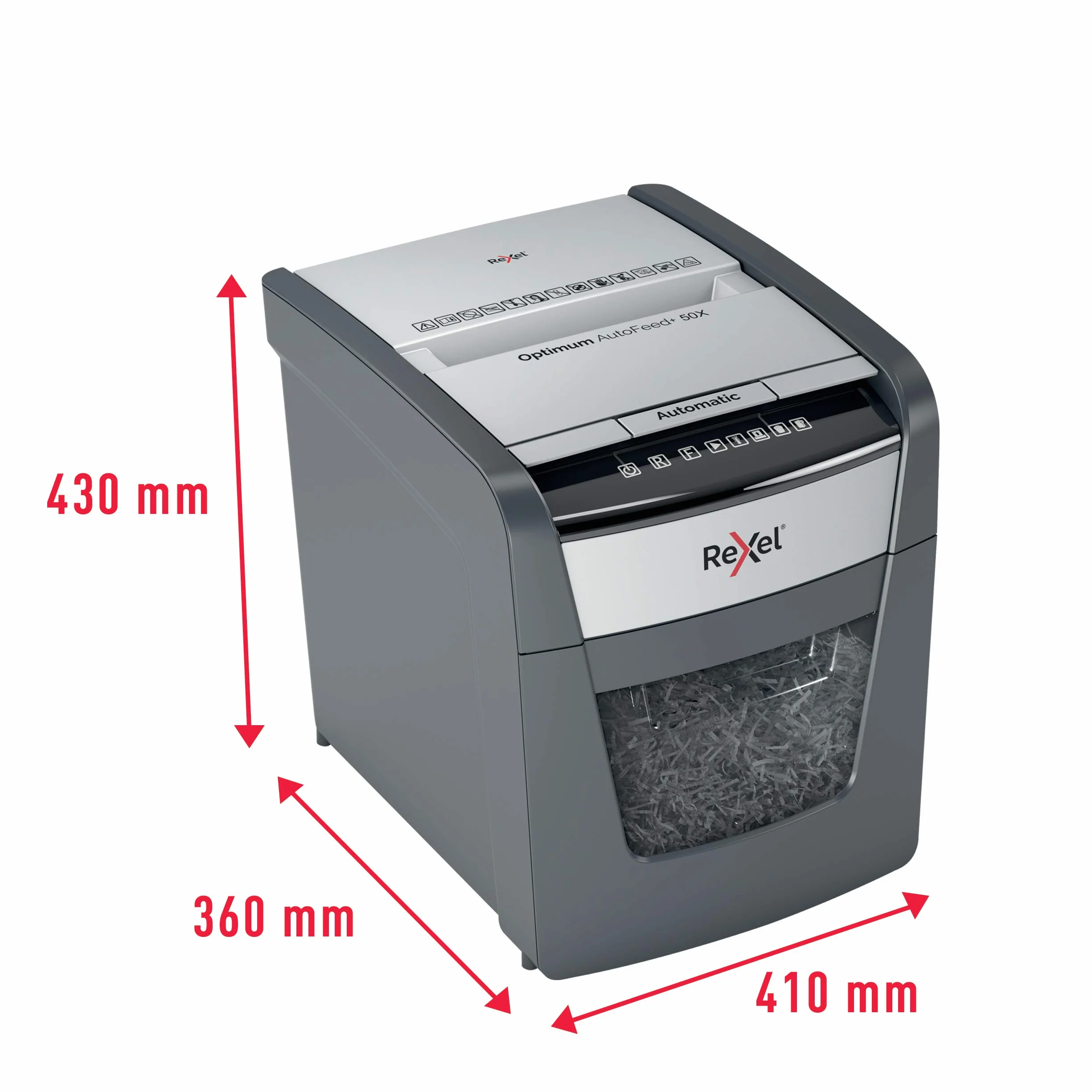 Rexel 2020050XCH - Destructora de Papel Automática CH Optimum AutoFeed+ 50X, 50 Hojas, Nivel de Seguridad P4, Corte de Partículas, para Casa y Oficina en Casa, Papelera de 20 Litros