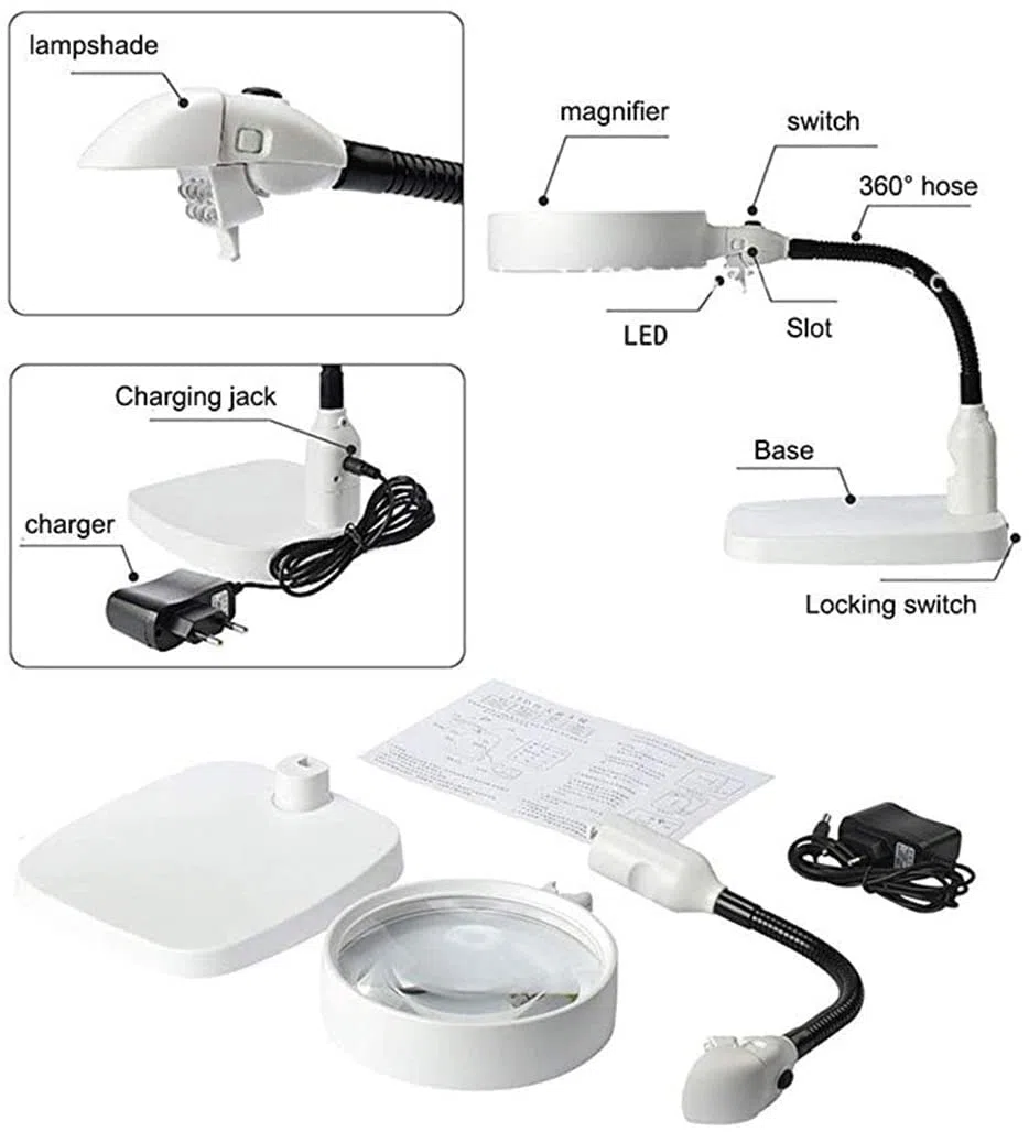 Lámpara de aumento de 10 aumentos con luz, lupa de escritorio manos libres con 6 luces LED y base resistente para leer, reparar, manualidades