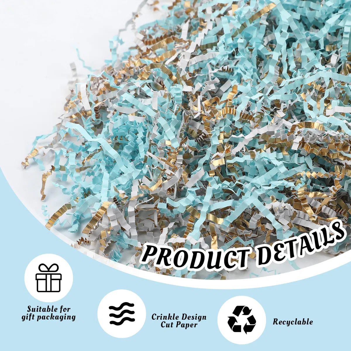 Papel de corte arrugado de 2 libras para cestas de regalo, papel triturado para caja de regalo, papel de rafia azul claro y dorado para embalaje de graduación para fiestas, cumpleaños