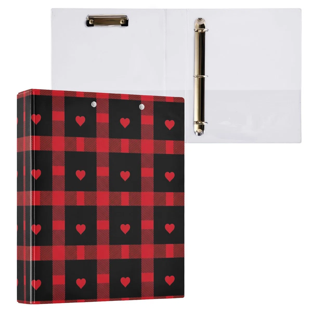 Carpeta clásica de tres anillos a cuadros rojos y negros, carpeta de anillos en D, paquete de 2 | Con portapapeles y bolsillos, para escuela, universidad, oficina