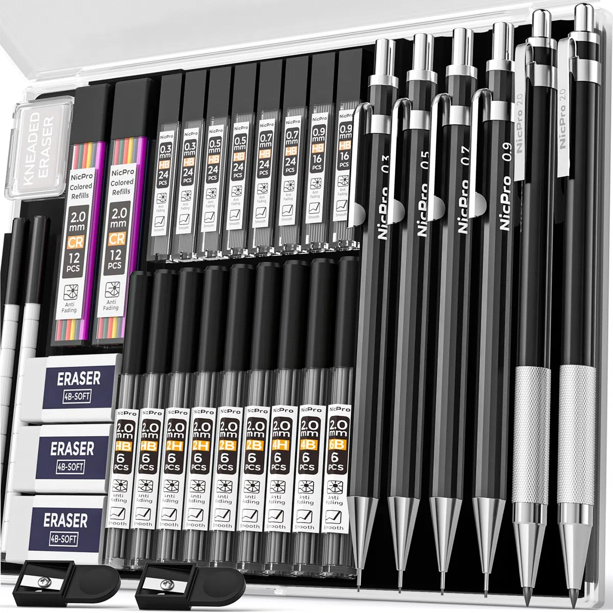 Nicpro 34 portaminas de arte negros, lápiz de dibujo de metal de 0,3, 0,5, 0,7, 0,9 mm y 2 portaminas de 2 mm (6B, 4B, 2B, HB, 2H, 4H) para dibujar bocetos, 19 tubos de repuesto para minas