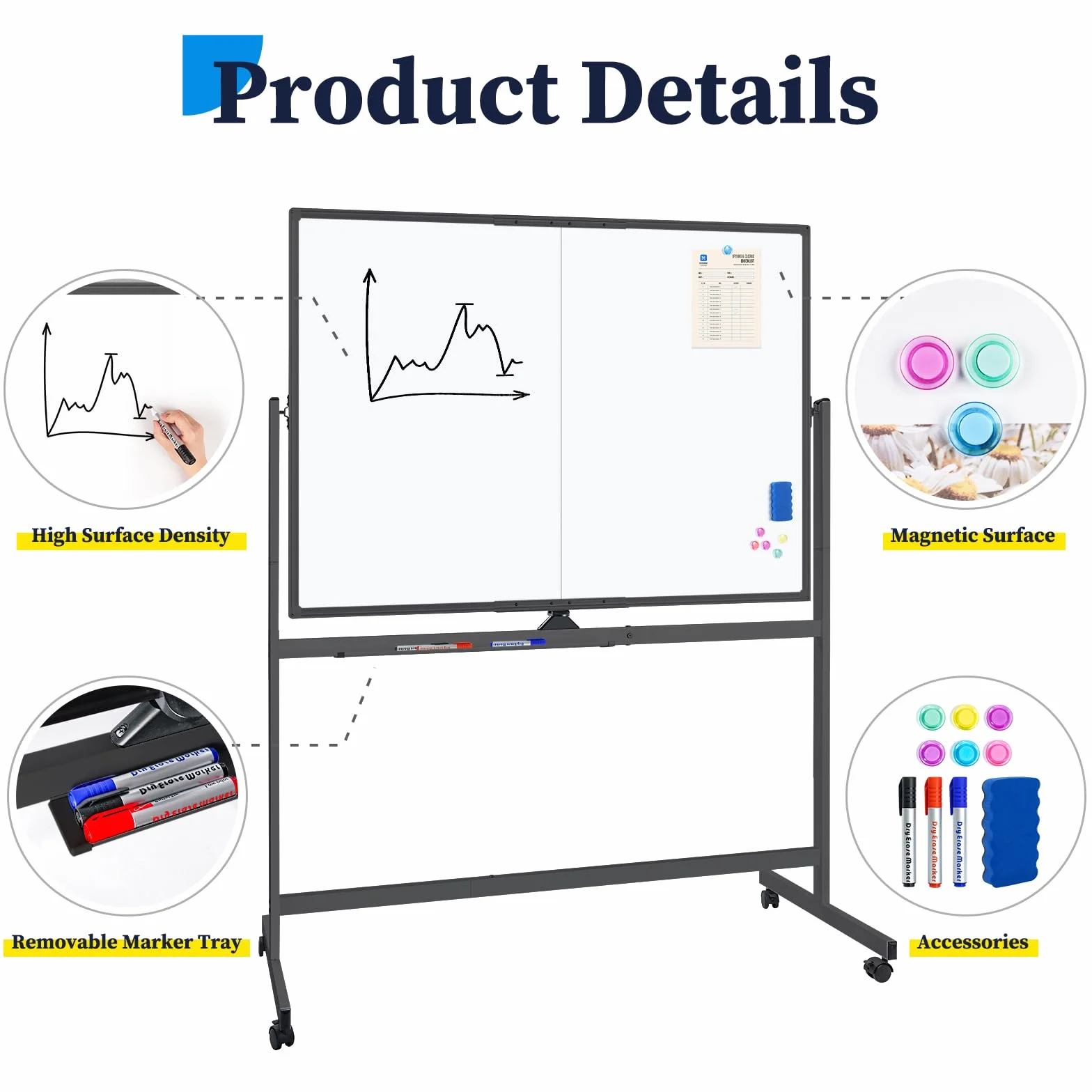 maxtek Pizarra Blanca con Ruedas 120 x 90 cm, Pizarra Magnética Grande de Doble Cara con Marco de Aluminio Negra, con Marcadores, Imanes y Borrador de Pizarra, Pizarra Móvil para Oficina