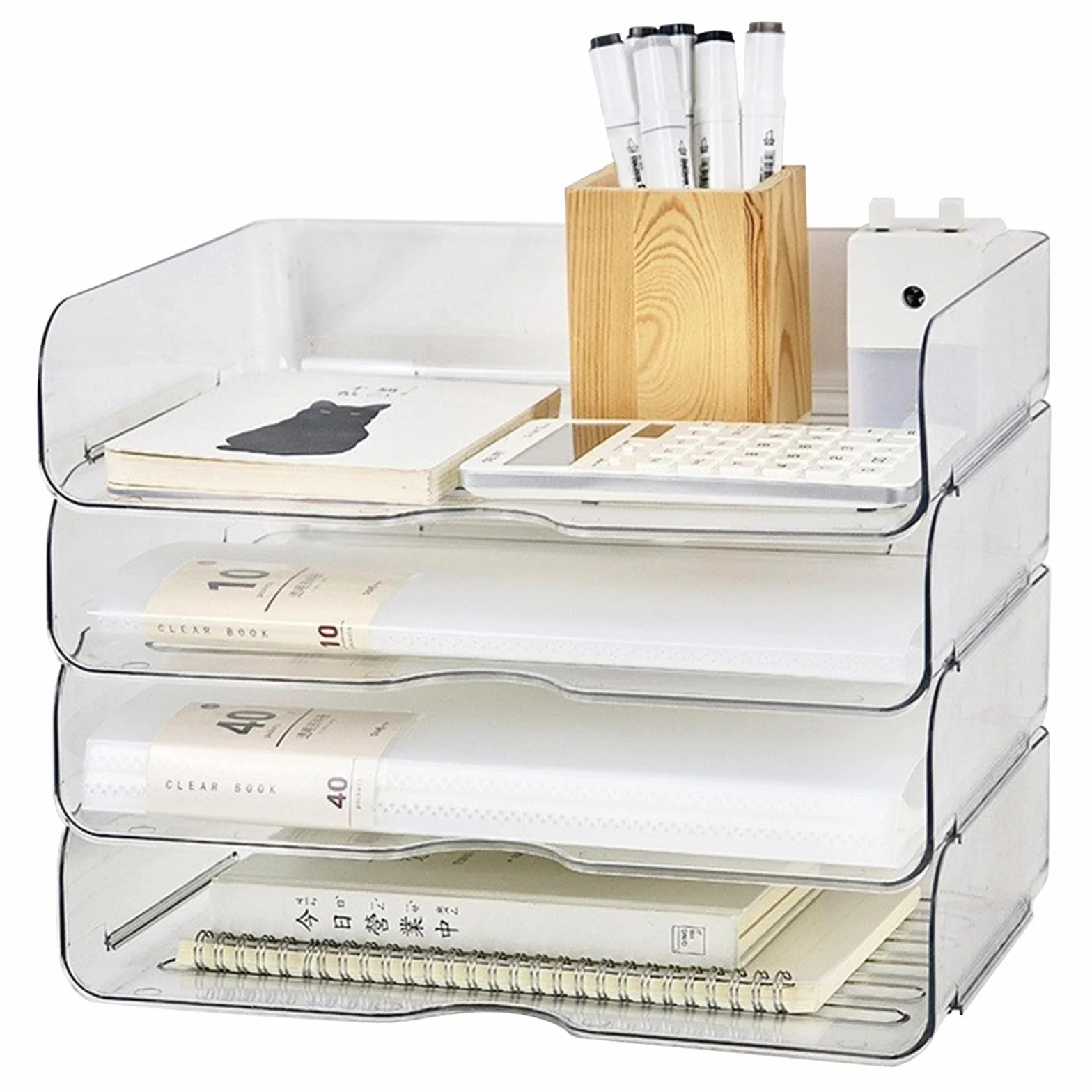 Bandeja para cartas de 4 pisos, transparente, de acrílico, apilable, para A4, robusta y apilable, bandeja para documentos de plástico PET, para casa, oficina, escuela, 33 x 25 x 7 cm