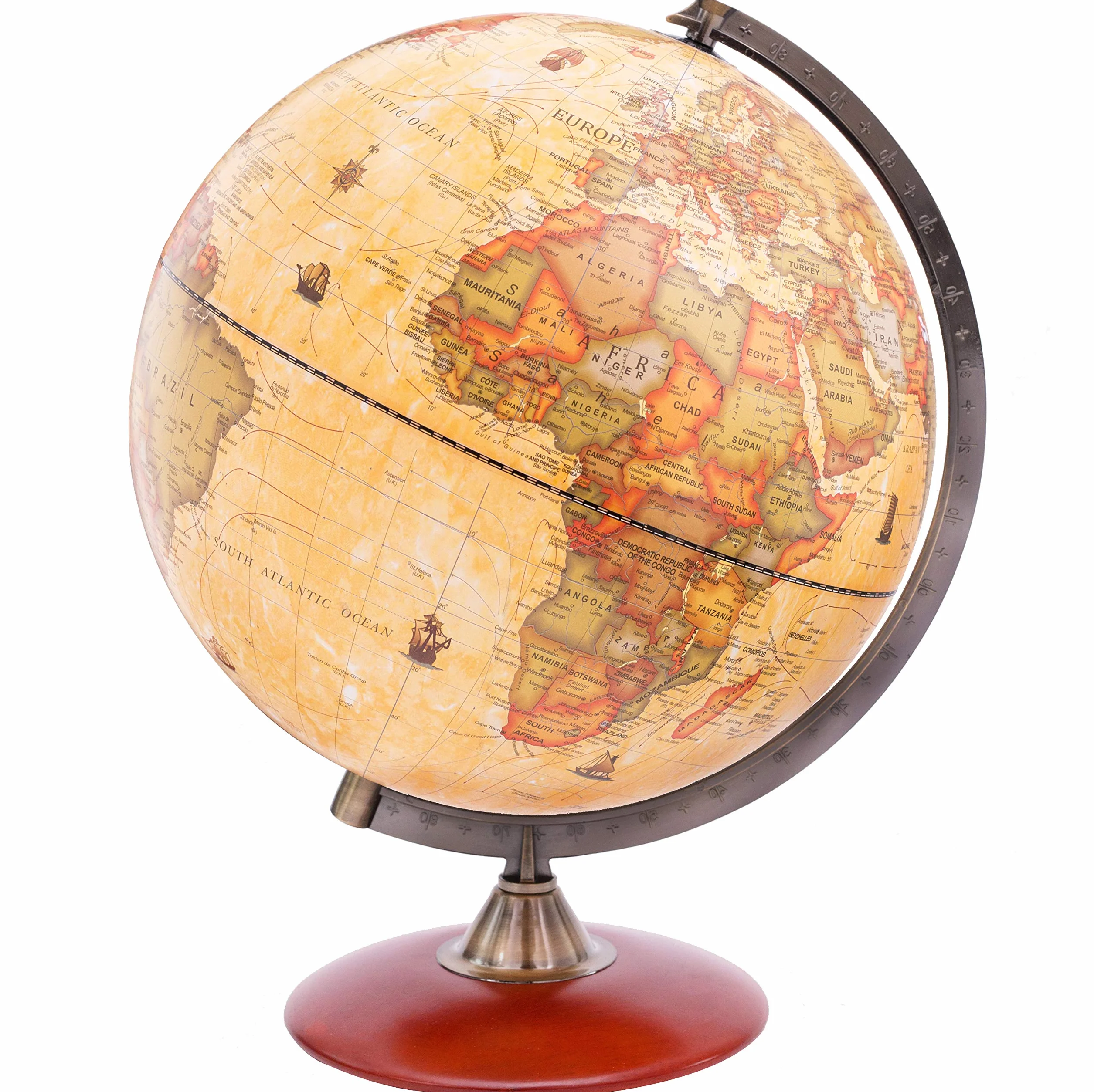 EXERZ 30cm Globo Antiguo con Base de Madera - Mapa en Inglés - Globo Terráqueo Decoración de Escritorio Educativa/Geográfica - Mapa Moderno Con Color Antiguo - Diámetro 30cm