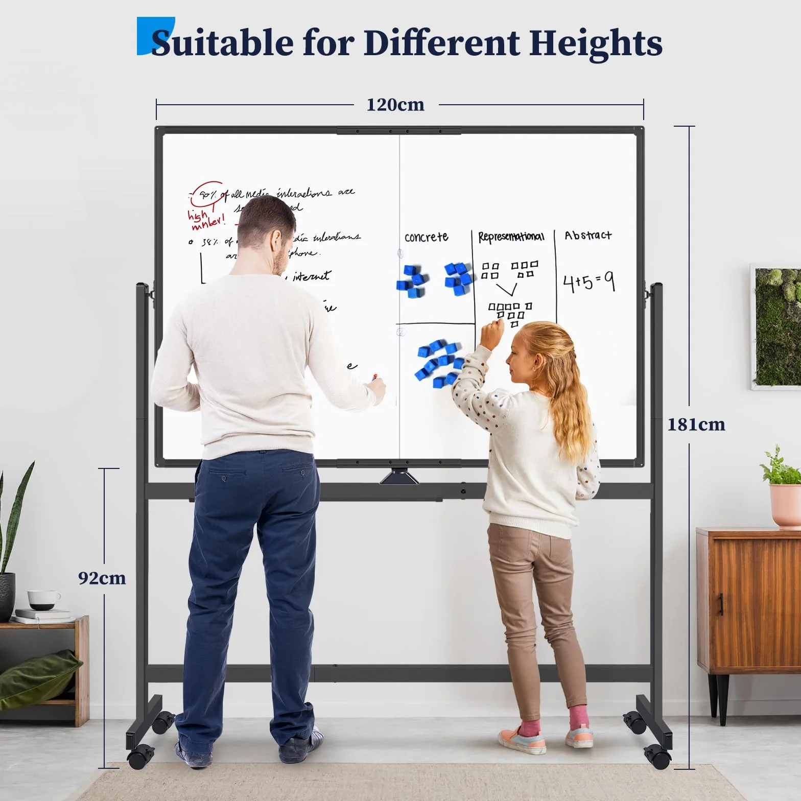 maxtek Pizarra Blanca con Ruedas 120 x 90 cm, Pizarra Magnética Grande de Doble Cara con Marco de Aluminio Negra, con Marcadores, Imanes y Borrador de Pizarra, Pizarra Móvil para Oficina
