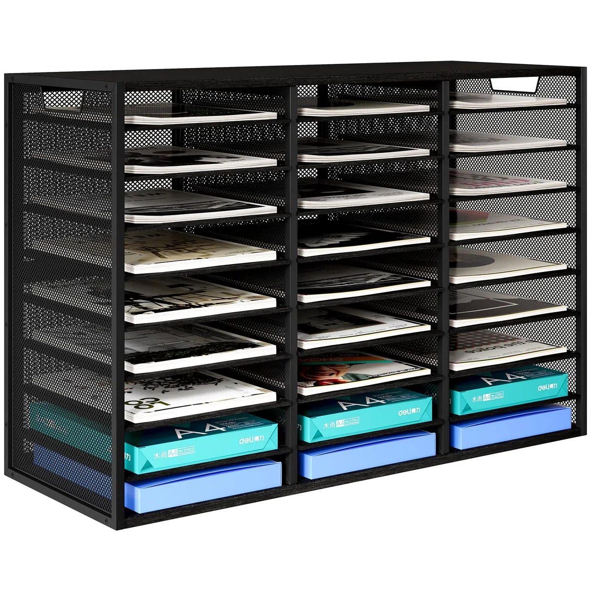 EasyPAG 27 Compartimentos Metal Madera A4 Bandeja Archivador Organizador Revistero Clasificador Carta Soporte Papeles Almacenamiento Escritorio Estante Documentos,Negro