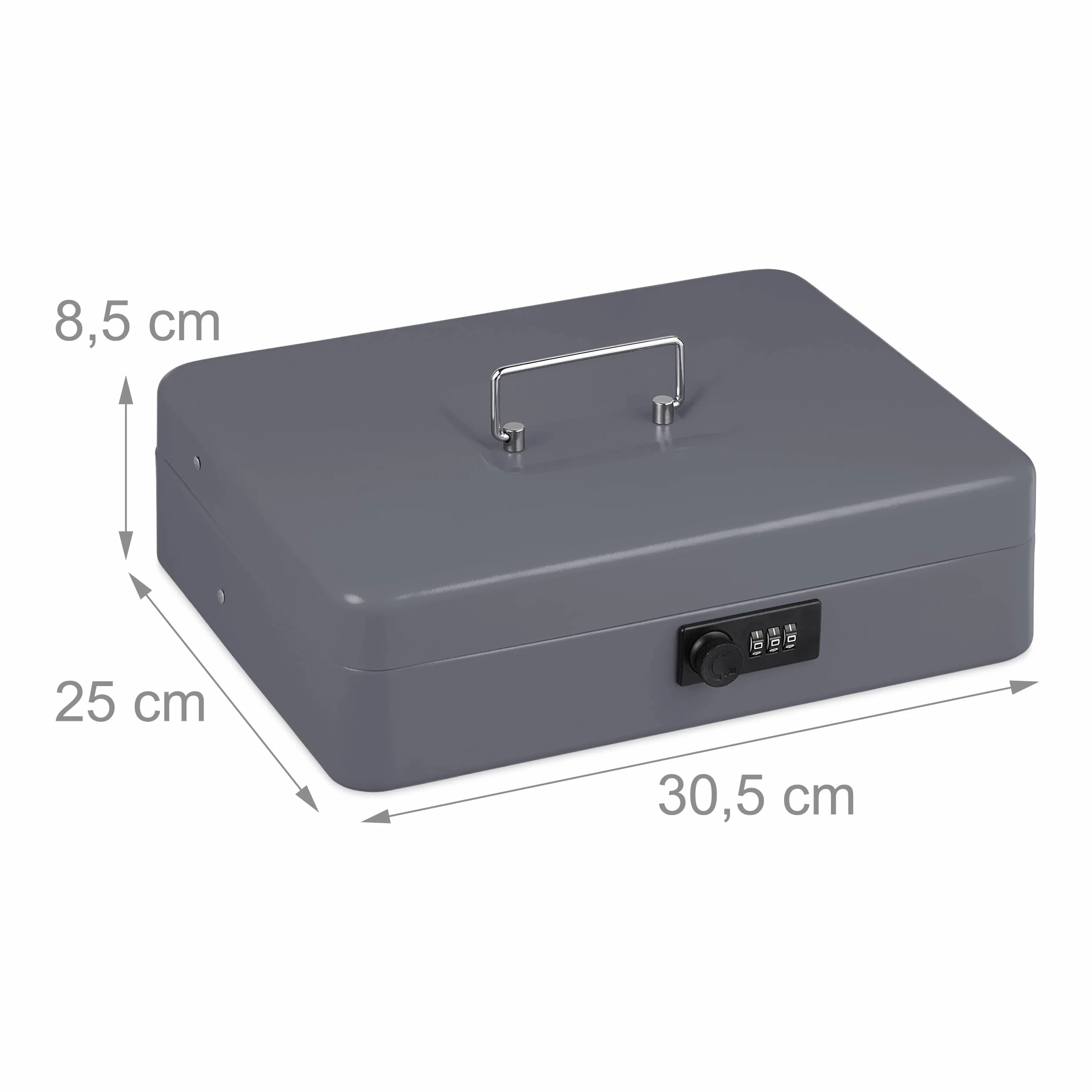 Relaxdays Caja Dinero, Combinación 3 Números, Bandeja para Monedas, Cajita Hierro, 8,5 x 30,5 x 25 cm, Gris, Acero