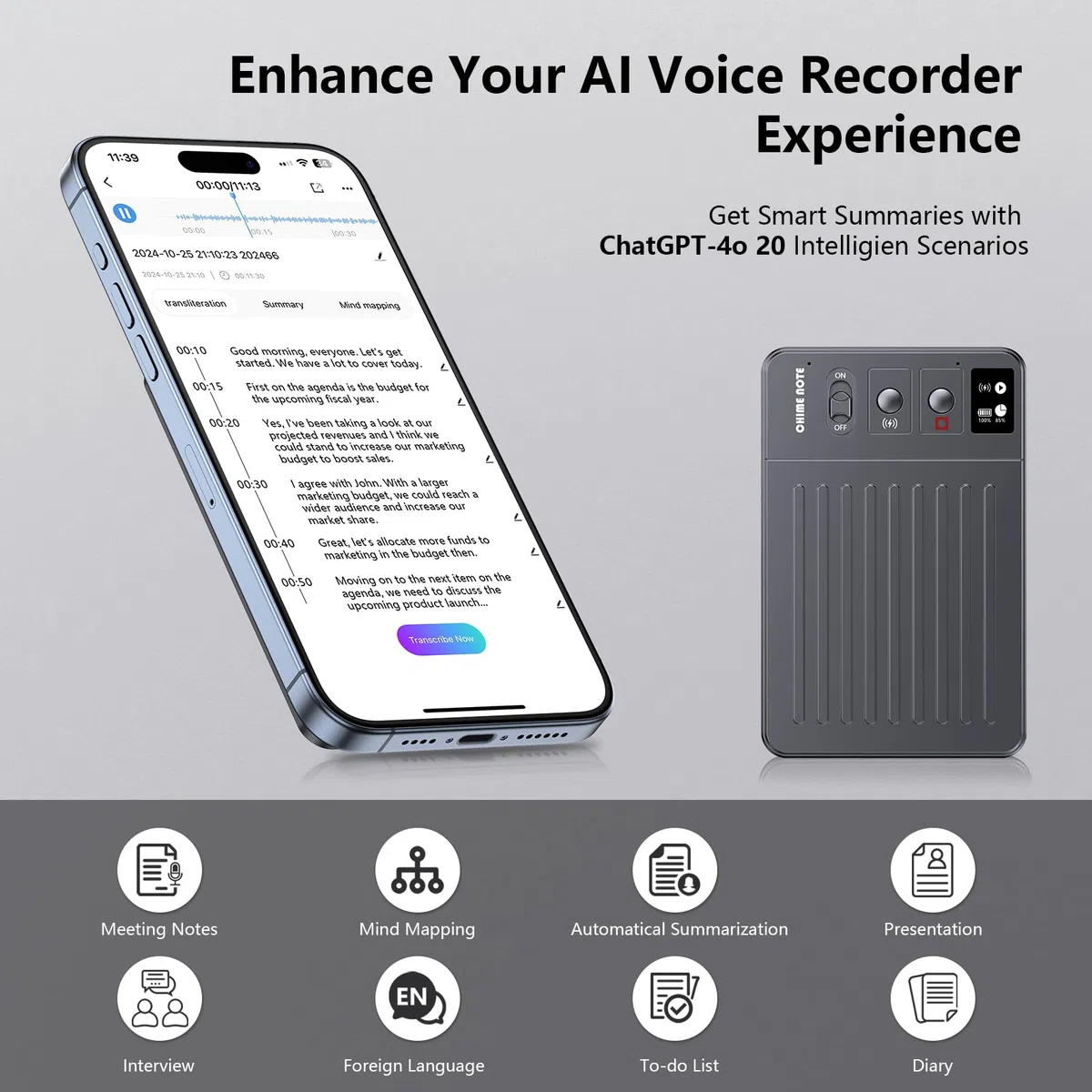 Grabadora de voz IA, grabadora de voz sin cargo por transcribir y resumir, potenciada por ChatGPT, control de aplicación, compatible con 107 idiomas, memoria de 64 GB, grabadora de voz digital para