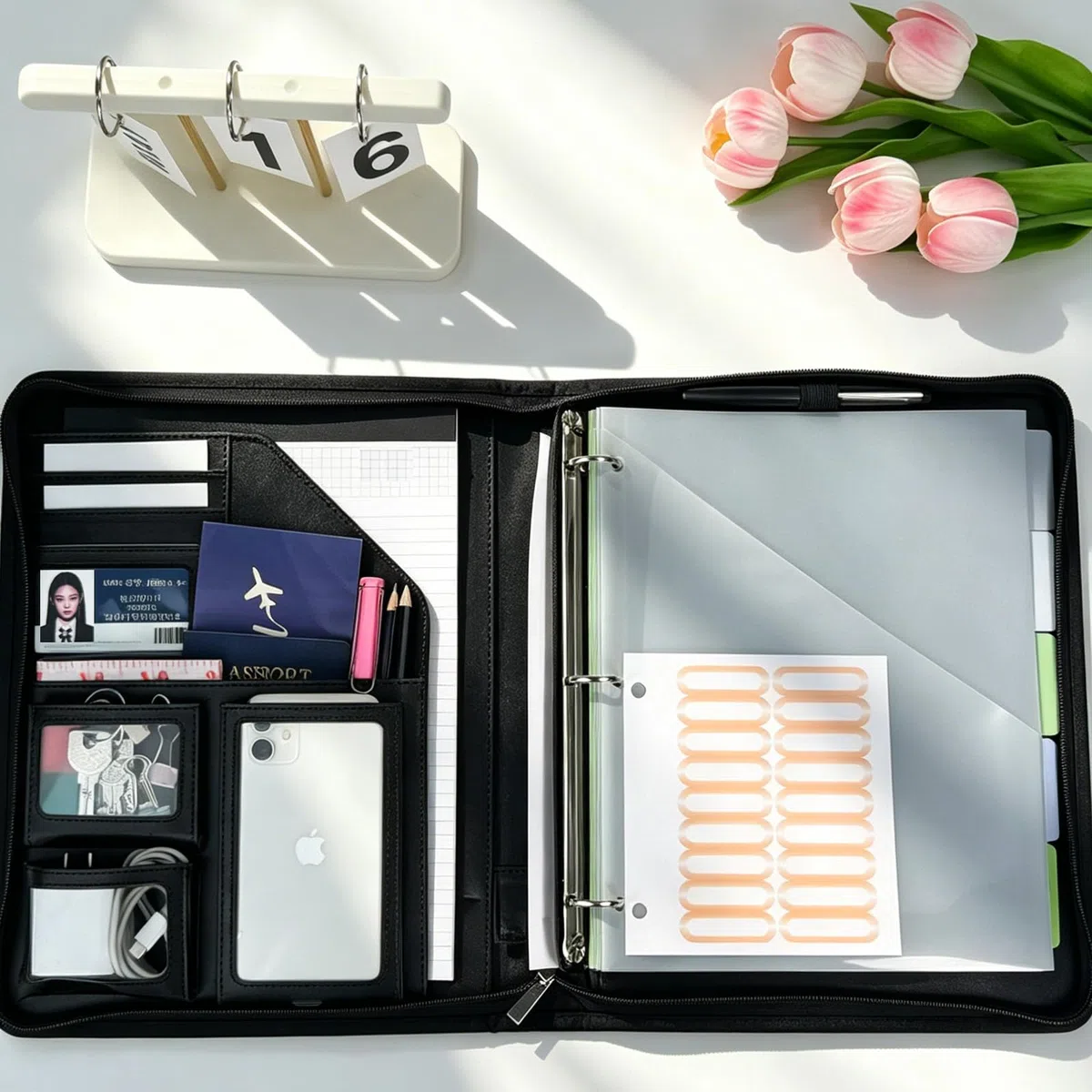 Portapapeles de cuero con almacenamiento, portafolio negro, carpeta extraíble de 3 anillos con cremallera de 1 pulgada, organizador de documentos para mujeres y hombres con bloc de notas, 5