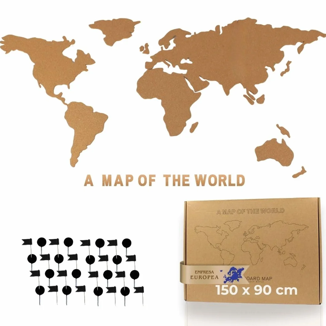 Mapa Mundi de Corcho | Cuadro Mapa del Mundo para Pared – Mapa Viajero con 50 Chinchetas, Estilo Vintage para Marcar Viajes Realizados (150x90)