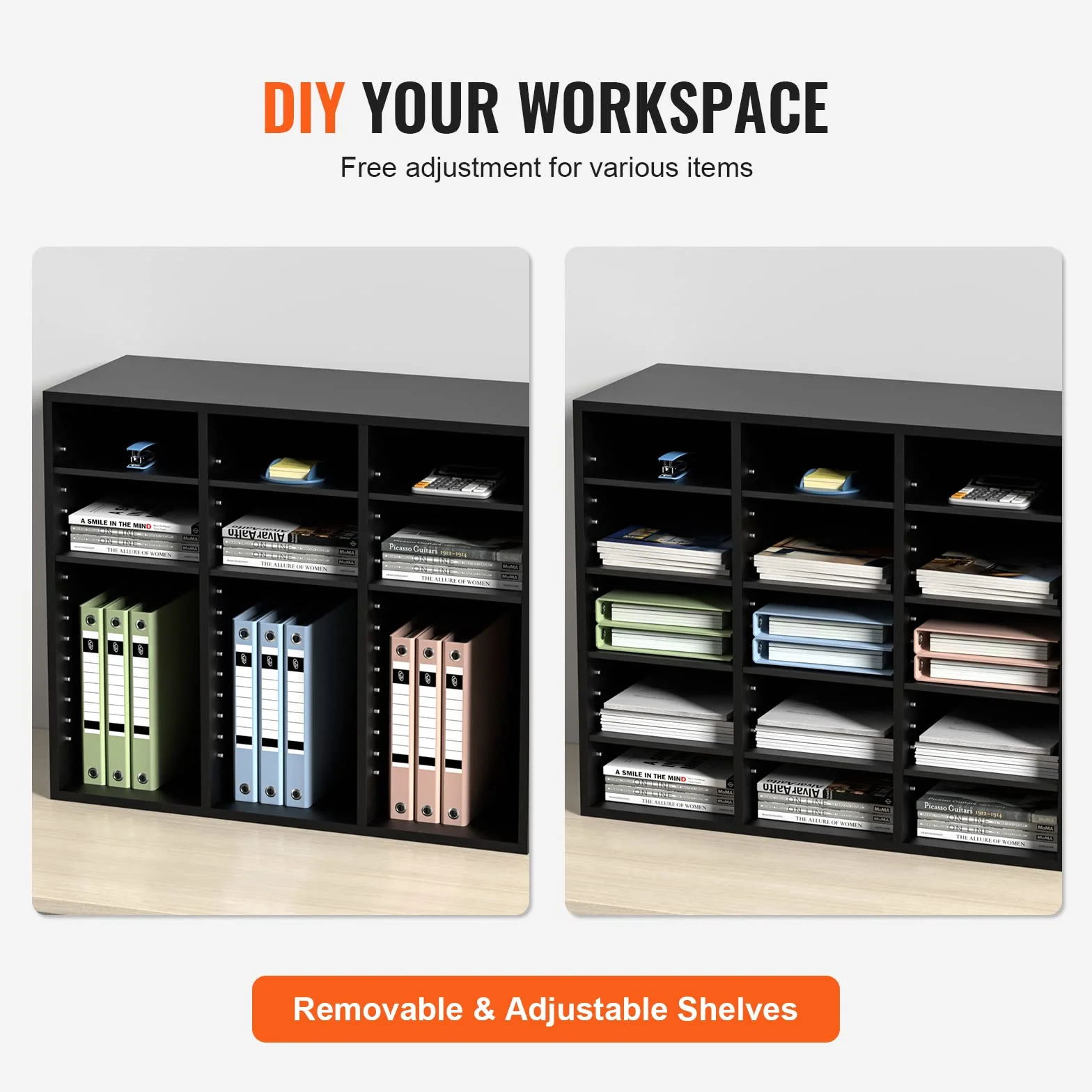 VEVOR Organizador de Literatura de madera Aglomerado Estante de Almacenamiento de Documentos de 24 Compartimentos 73,7x30,5x62 cm Clasificador de Literatura con Estantes Ajustables para Oficina, Negro