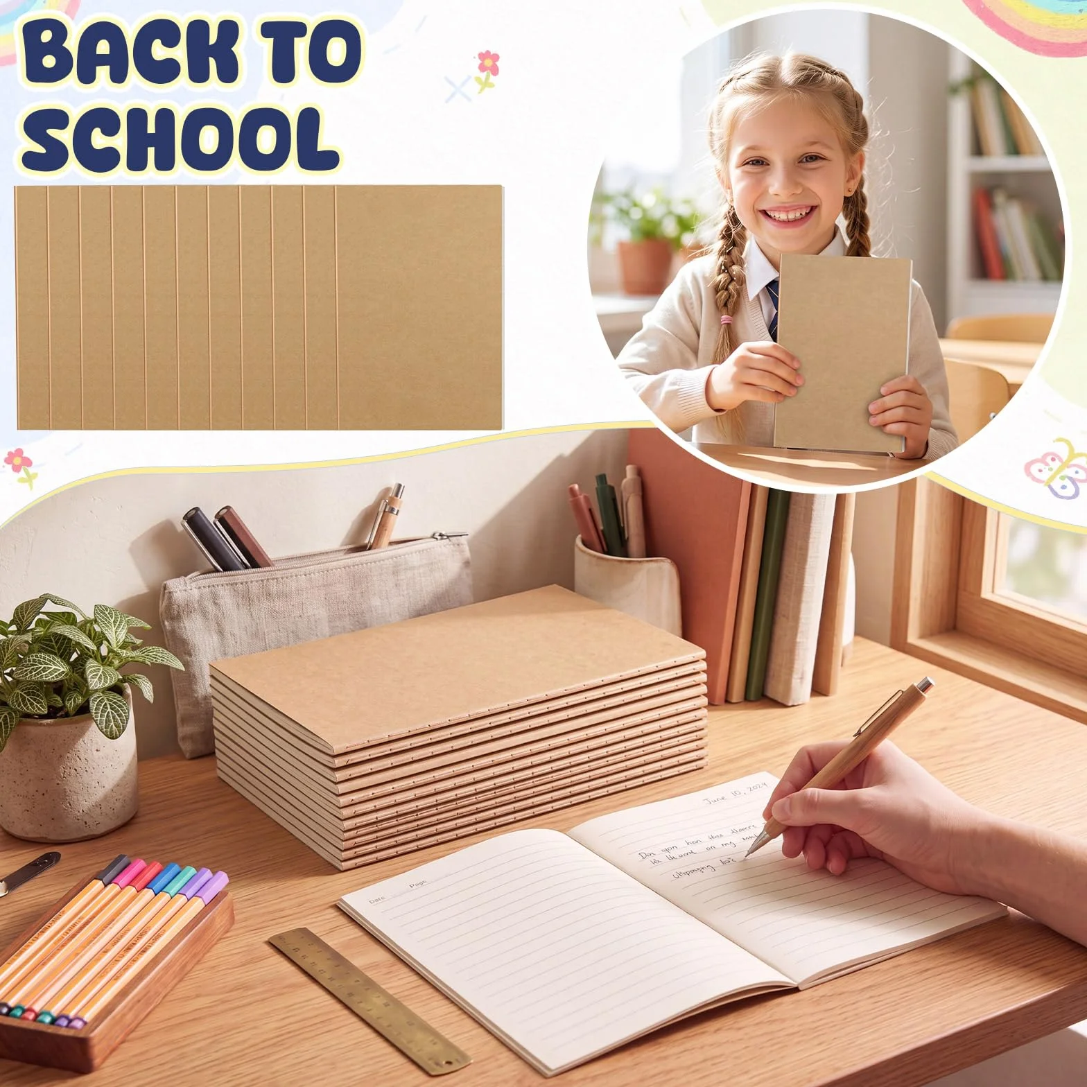 Handepo Paquete de 100 cuadernos de papel kraft de 60 páginas rayadas, cuaderno de tapa suave, bloc de notas de composición de papel kraft, diario de viaje, diario para estudiantes, suministros