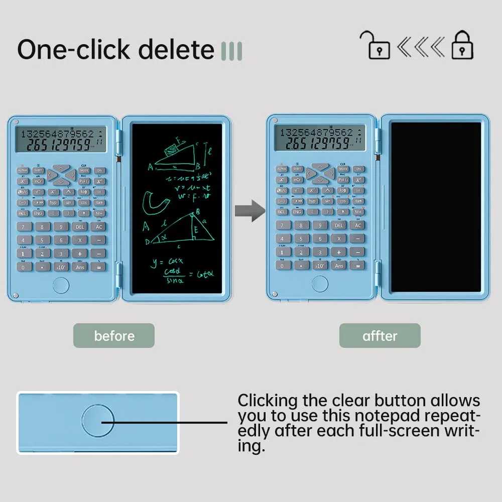 Calculadora científica con tableta de escritura, calculadora profesional plegable de bolsillo, calculadora estándar con bloc de escritura LCD borrable para oficina, hogar, escuela, negocios (azul)