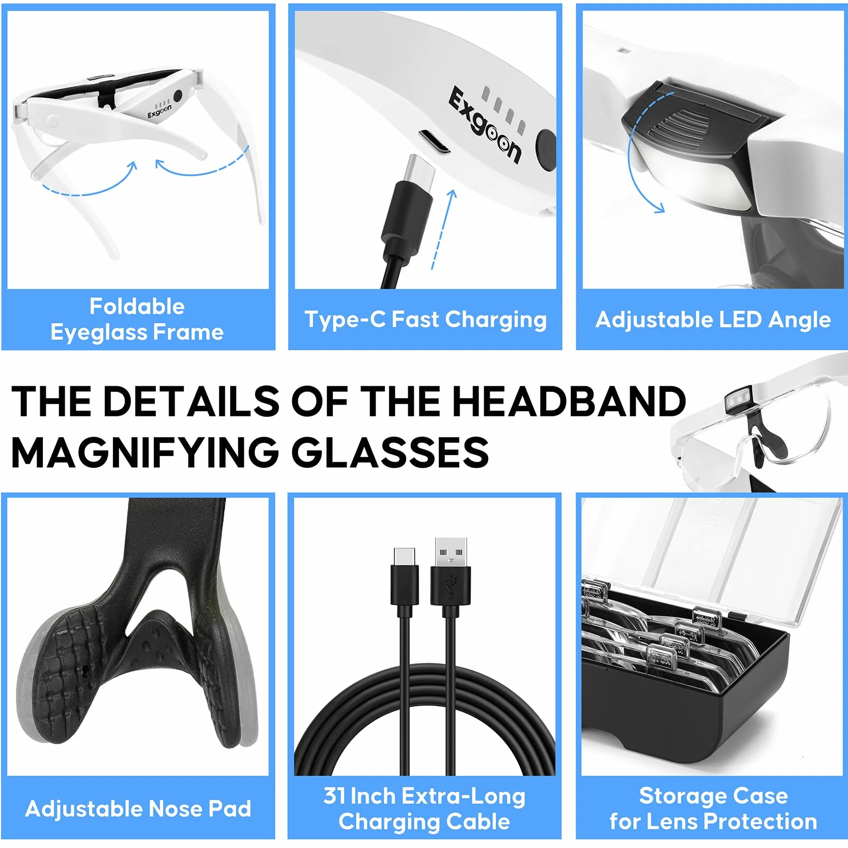 Gafas Lupa con luz led, Aumento de 1.5X a 5X con 4 Lentes reemplazables, Lupa Recargable Manos Libres con luz para Manualidades, Pintura de Diamantes y joyería (Blanco)