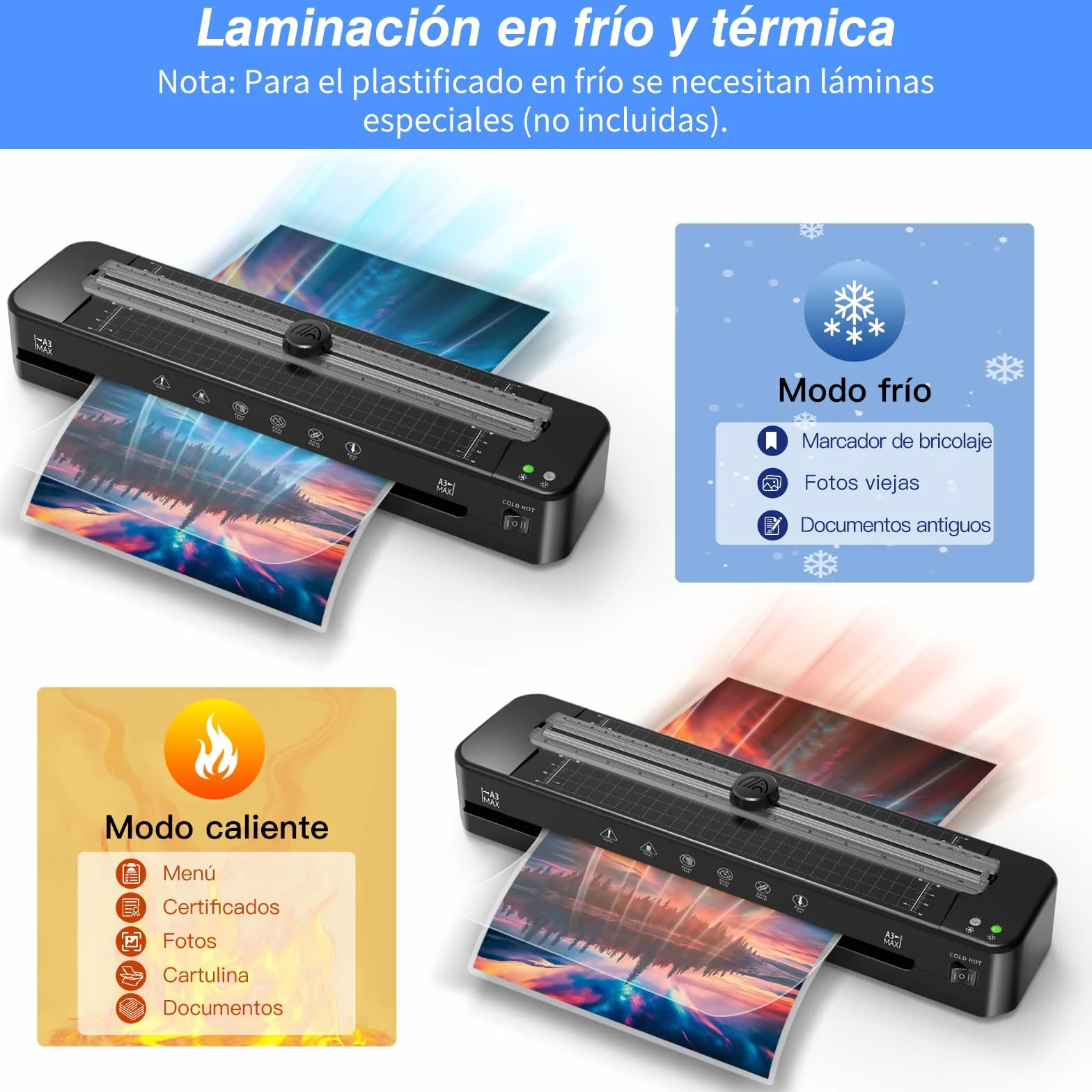 Plastificadora A3 con sistema antiatascos de ABS con 30 hojas para A3 A4 A5 A6 - Laminadora en frío versátil para oficina, hogar y escuela