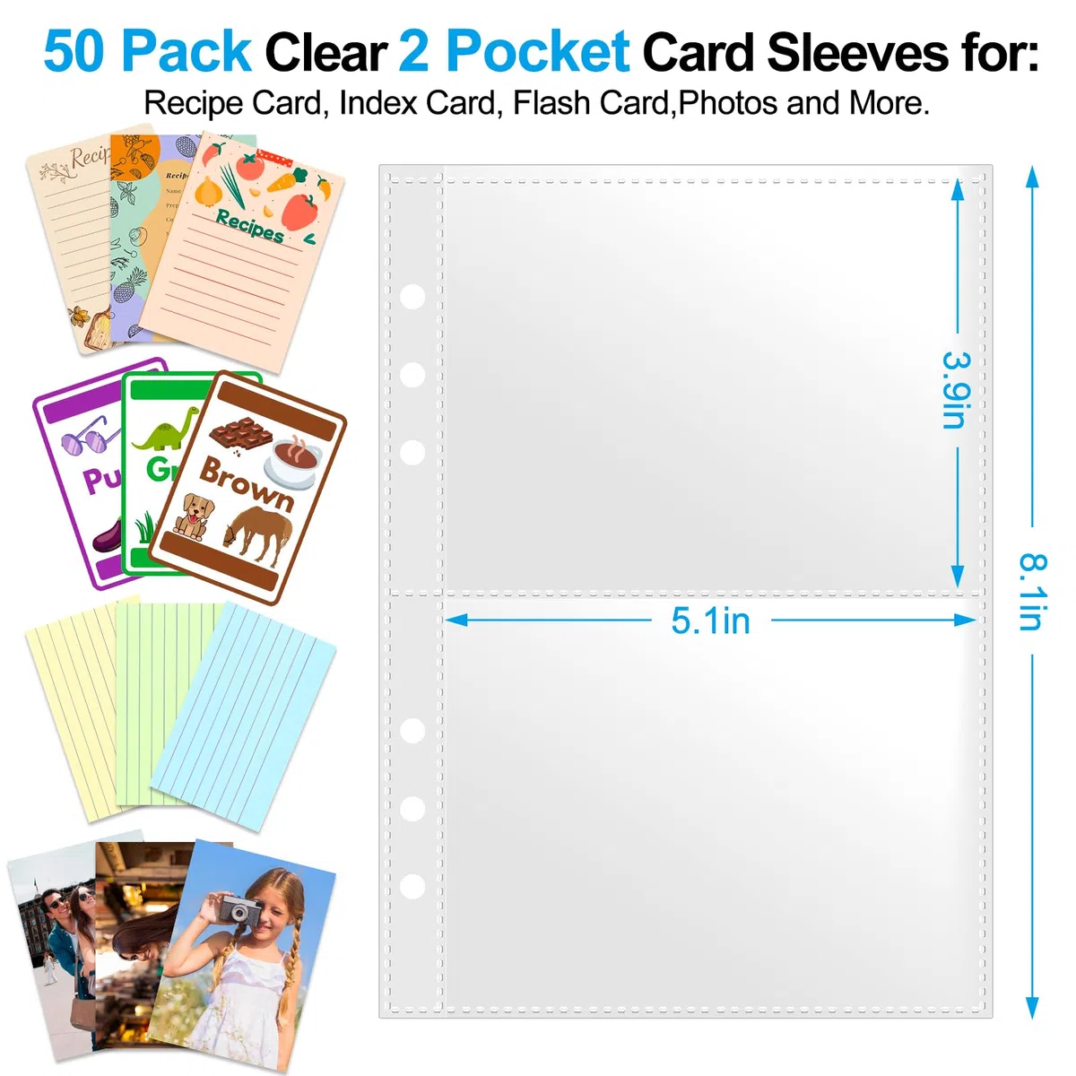 Hojas de carpeta A5 para tarjetas de índice – Paquete de 50 | Recambio de plástico transparente con 2 bolsillos protectores de página para tarjetas de recetas, tarjetas fotográficas, tarjetas flash |