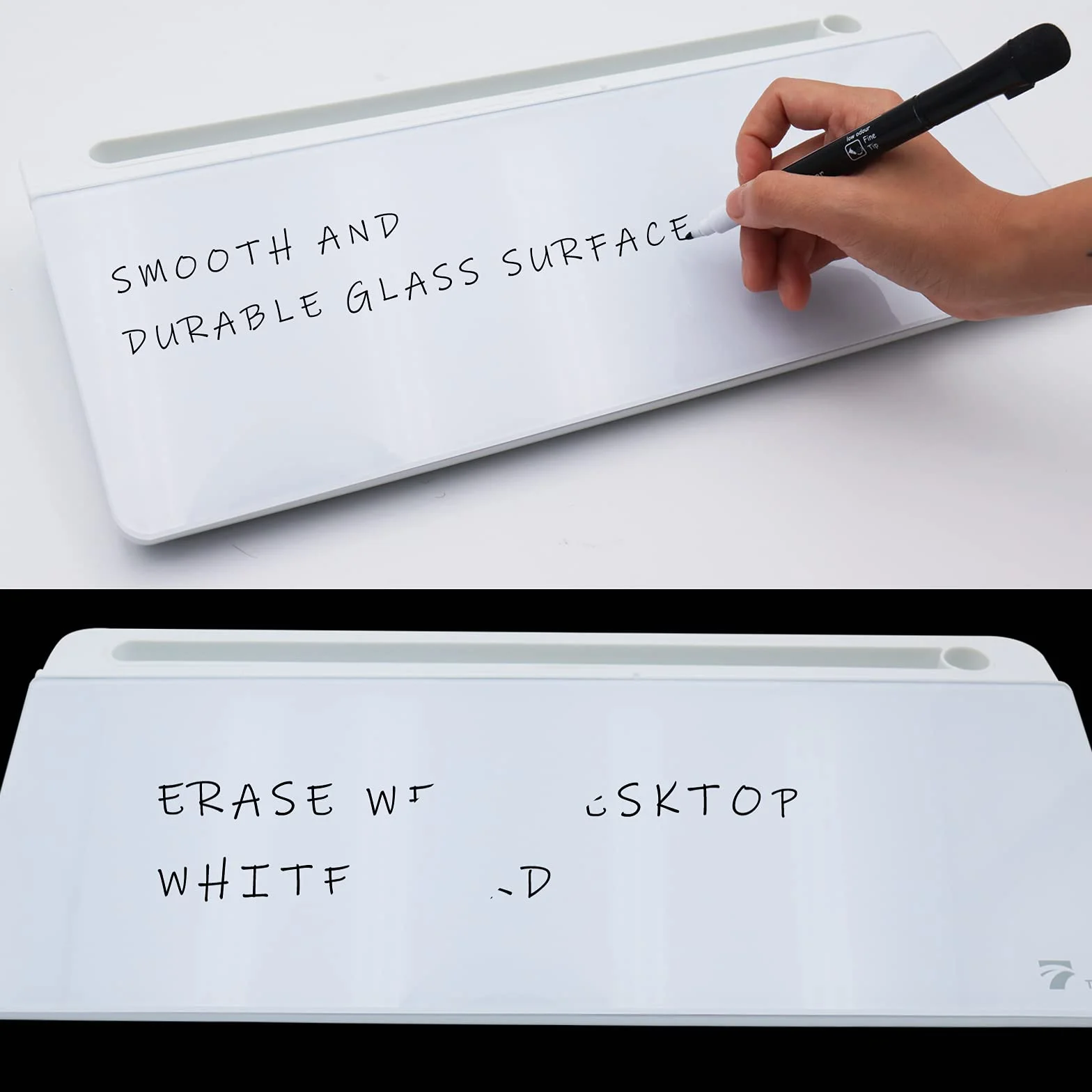 TOWON Pizarra blanca pequeña inclinada de cristal de escritorio, bloc de notas, soporte para teclado de computadora con superficie de pizarra de borrado en seco, organizadores de escritorio con