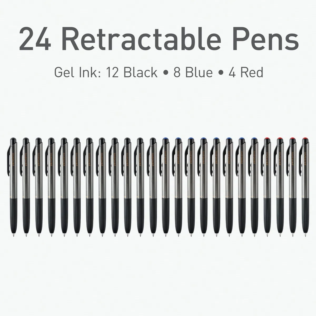 Pentonic GR-T Bolígrafos de gel retráctiles, 24 unidades, tinta de colores surtidos (12 negros, 8 azules, 4 rojos), punta fina de 0.7 mm, escritura suave para diario (1002360)