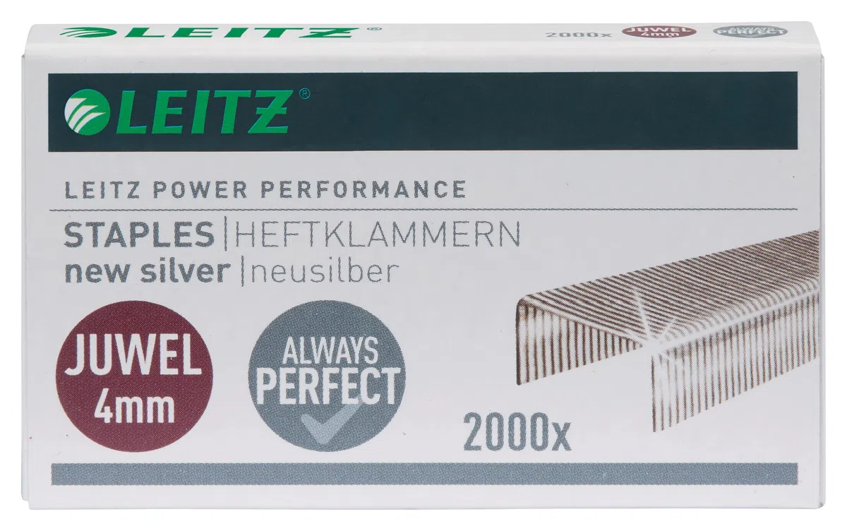 Leitz Juwel 56410000 - Grapas de 4 mm, 10 cajas de 2000 unidades, color plateado