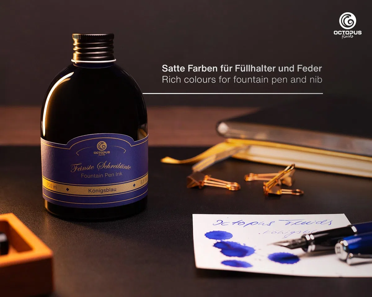 Octopus Tinta de pluma estilográfica en botella práctica, tinta para pluma, tinta de pluma, tinta de caligrafía, color azul real borrable 250 ml
